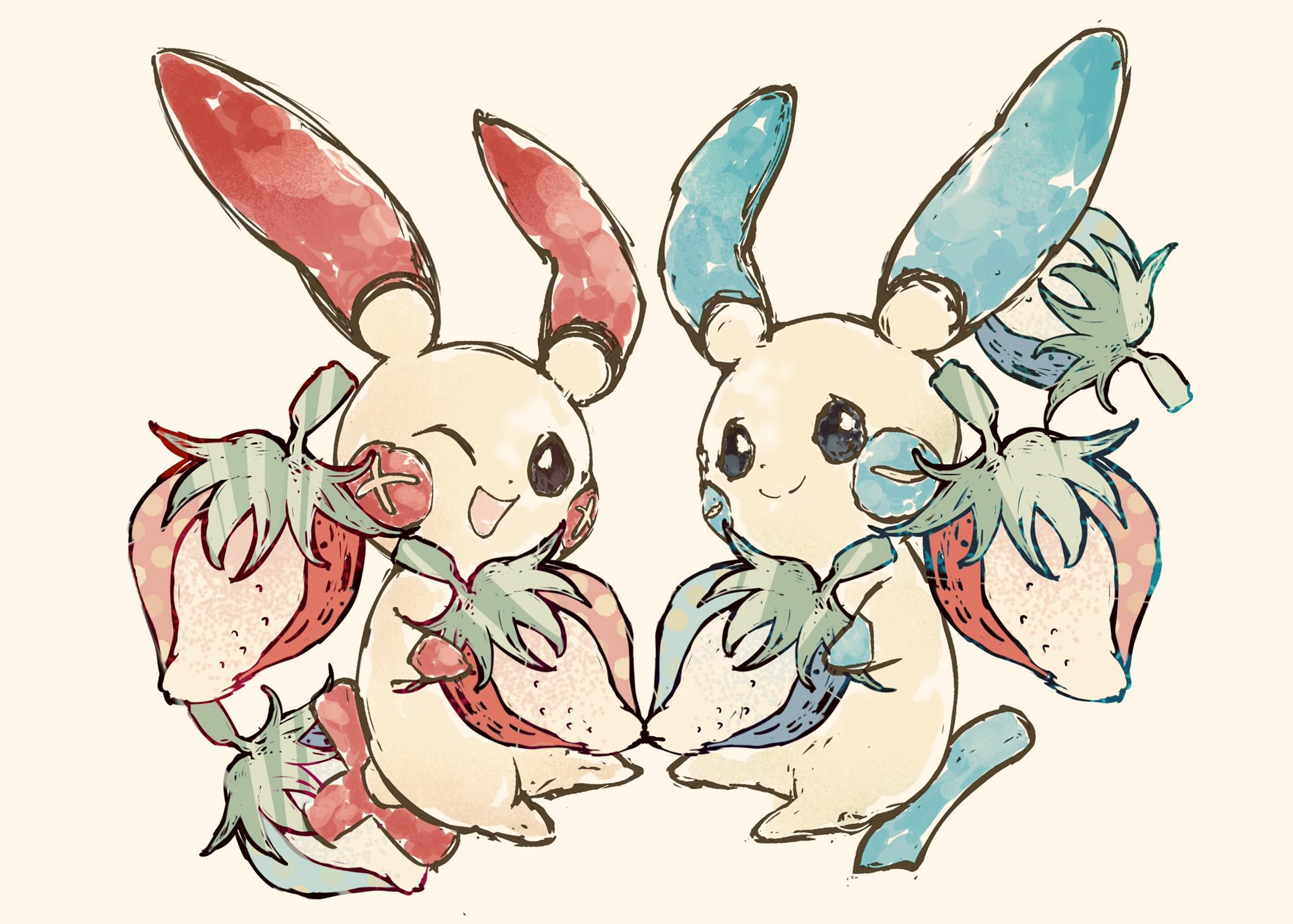 bwmtk1110, minun, plusle, nintendo, pokemon, highres, :d, black eyes, blue fur, food, fruit, full body, gen 3 pokemon, holding, holding food, looking at viewer, minus sign, no humans, one eye closed, open mouth, plus sign, pokemon (creature), pokemon focus, red fur, simple background, sitting, smile, strawberry, white background, yellow fur