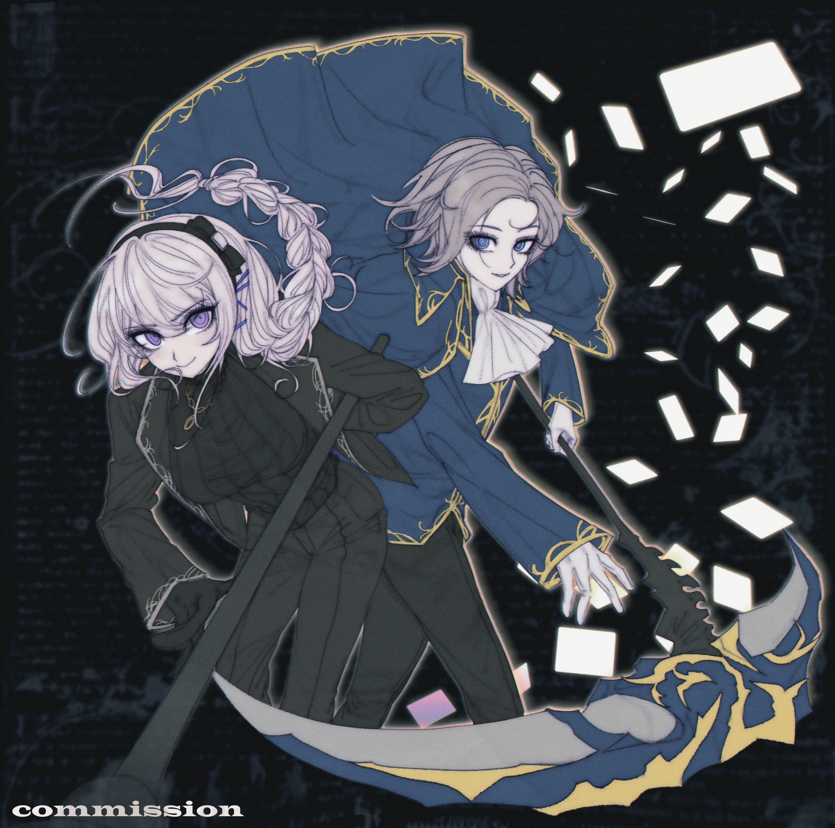 takumi go lucky, angelica (project moon), aotsuki eito, argalia (project moon), kirifuji nozomi, the hundred line -last defense academy-, absurdres, commission, highres, 1boy, 1girl, angelica (project moon) (cosplay), argalia (project moon) (cosplay), ascot, black background, blue cloak, blue eyes, cloak, cosplay, grey hair, holding, holding scythe, purple eyes, ribbed sweater, scythe, sweater, turtleneck, turtleneck sweater, white ascot