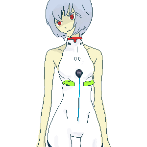 gen (susono01), ayanami rei, neon genesis evangelion, lowres, bare shoulders, blue hair, mecha pilot suit, oekaki, pale skin, plugsuit (evangelion), red eyes, short hair, solo