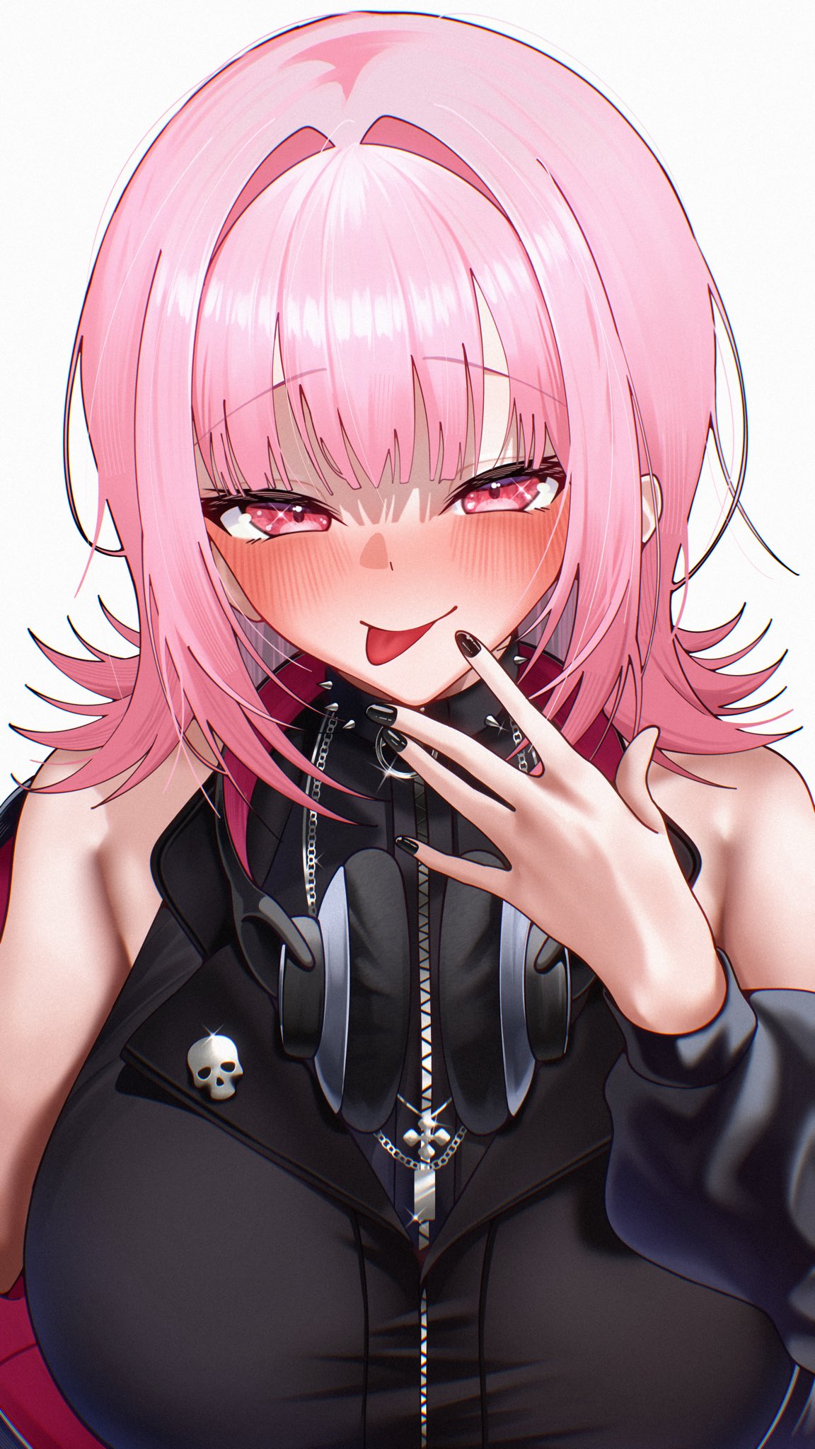 404 (pixiv 94263879), mori calliope, mori calliope (the story thus far), hololive, hololive english, hashtag-only commentary, highres, 1girl, black jacket, black jumpsuit, black nails, blush, breasts, collar, hair intakes, headphones, headphones around neck, huge breasts, jacket, jumpsuit, looking at viewer, official alternate costume, official alternate hairstyle, pink eyes, pink hair, simple background, sleeveless jumpsuit, solo, spiked collar, spikes, tongue, tongue out, virtual youtuber, white background
