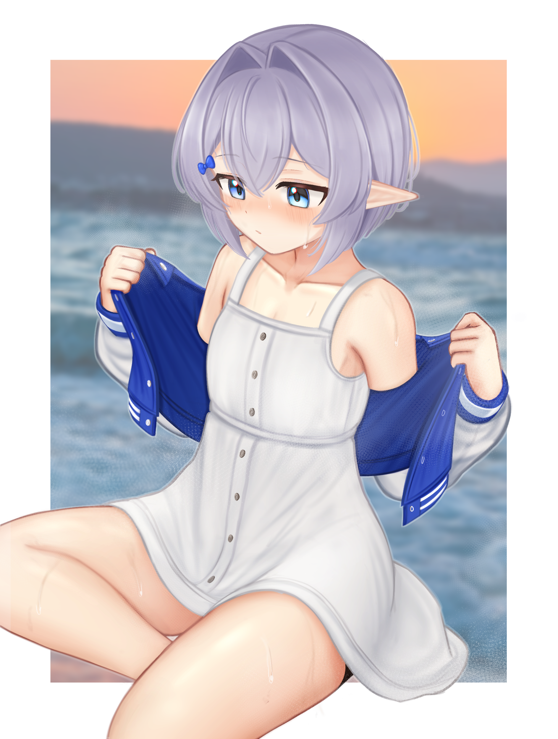 basher, boros (ouro kronii), hololive, hololive english, absurdres, commentary, highres, 1boy, bare legs, bare shoulders, bike shorts, blue bow, blue eyes, blue jacket, blurry, blurry background, blush, bow, collarbone, cropped jacket, crossdressing, crossdressing (mtf), dress, grey hair, hair between eyes, hair bow, hair intakes, jacket, male focus, nose blush, outdoors, personification, pointy ears, short hair, sitting, solo, trap, virtual youtuber, water, water drop, wet, white dress