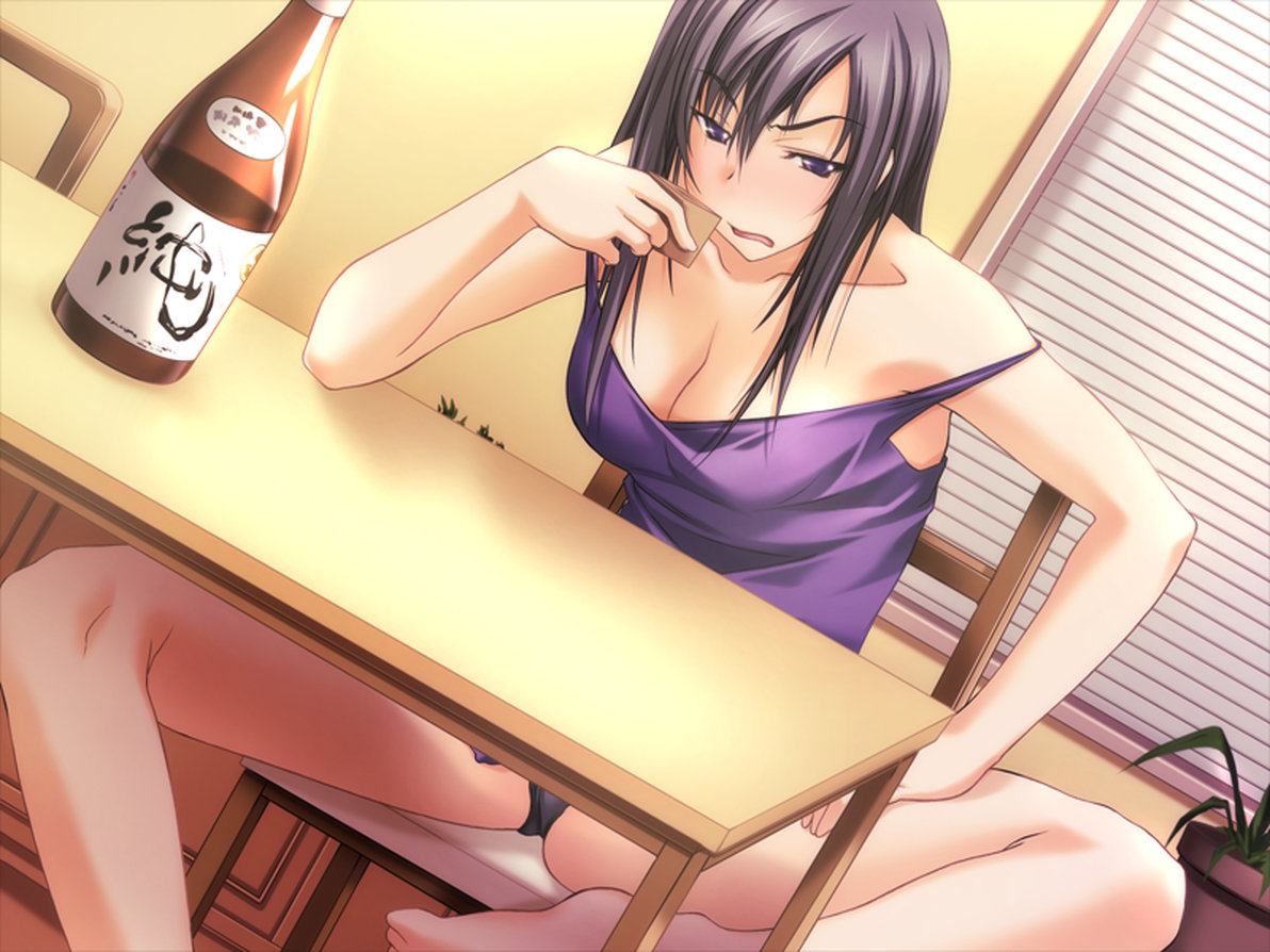 kawagishi keitarou, hizuki shino, ringetsu, game cg, 1girl, alcohol, blush, bottle, breasts, cleavage, drunk, female focus, large breasts, purple eyes, purple hair, sake, solo, strap slip, teacher