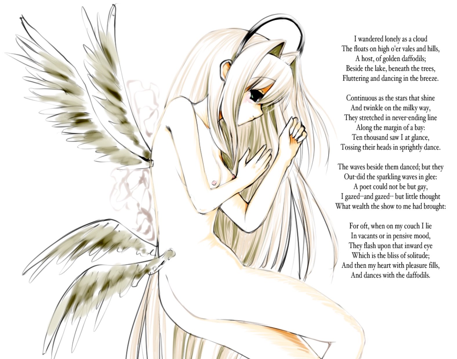 ponymoe, highres, 1girl, 2000s (style), angel, angel wings, annika (salvika), ass, blonde hair, breasts, faux retro artstyle, hair intakes, halo, long hair, nude, salvika, solo, wings