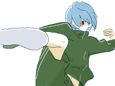 gen (susono01), ayanami rei, neon genesis evangelion, lowres, blue hair, casual, kicking, oekaki, pale skin, red eyes, short hair, solo