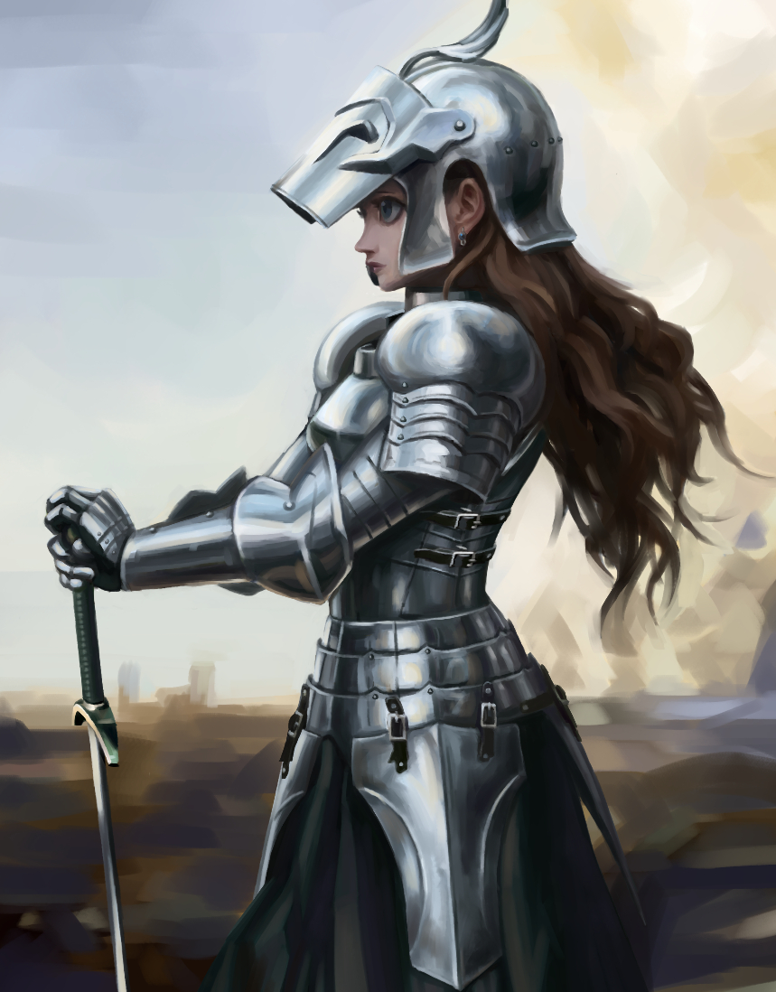 yoyoyoyoyo (turuse), original, commentary, 1girl, armor, blue eyes, breastplate, brown hair, closed mouth, earrings, faulds, from side, full armor, gauntlets, hand on hilt, helmet, holding, holding sword, holding weapon, jewelry, knight, lips, long hair, nose, outdoors, pauldrons, planted, planted sword, planted weapon, plate armor, profile, shoulder armor, solo, standing, sword, wavy hair, weapon