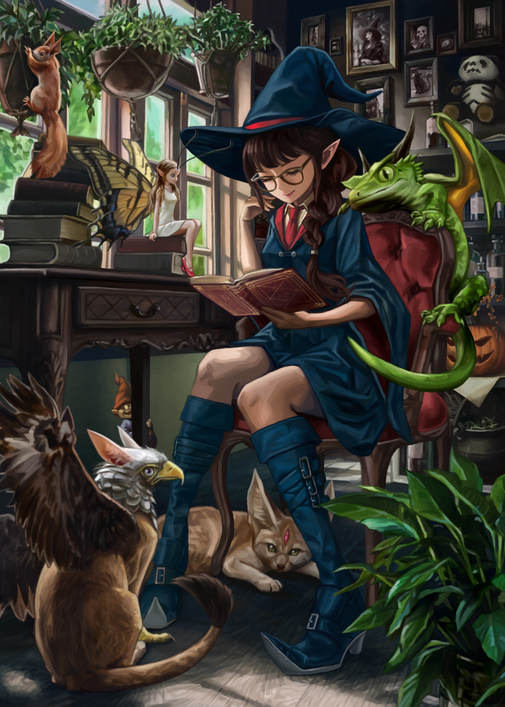 yoyoyoyoyo (turuse), original, commentary, highres, 2girls, animal, black-framed eyewear, black boots, black dress, black hat, book, book stack, boots, braid, braided ponytail, breasts, brown hair, butterfly wings, chair, closed eyes, closed mouth, collared shirt, day, desk, dragon, dress, fairy, fantasy, flower basket, fox, full body, gnome, griffin, hair over shoulder, hat, holding, holding book, indoors, insect wings, knee boots, long hair, long sleeves, multiple girls, necktie, on chair, open book, picture frame, plant, pointy boots, pointy ears, potted plant, reading, red necktie, red shoes, shelf, shirt, shoes, sitting, small breasts, small dragon, smile, squirrel, stuffed animal, stuffed panda, stuffed toy, white dress, white shirt, wide sleeves, window, wings, witch