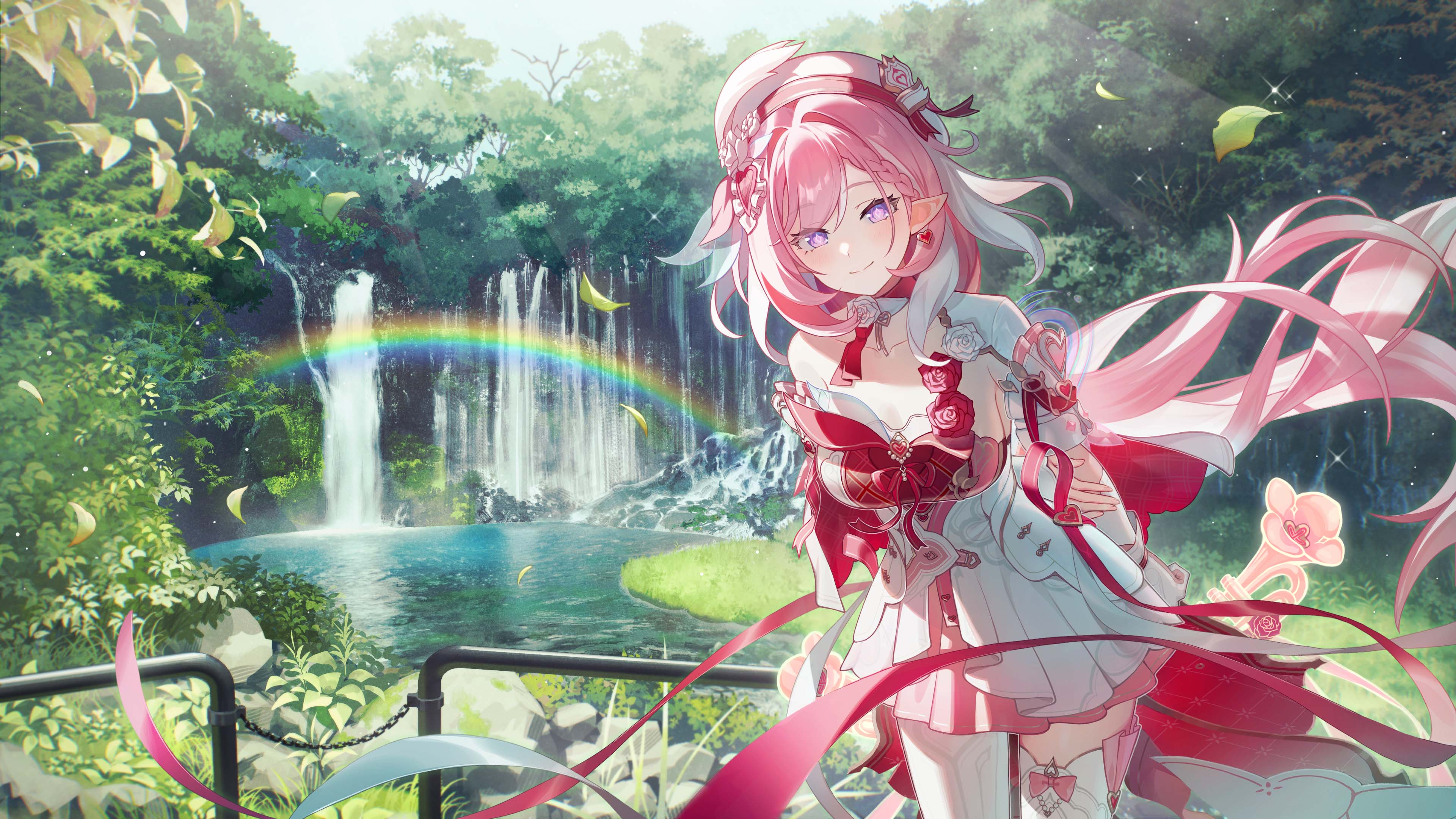 oli o o, elysia (hi love elf) (honkai impact), elysia (honkai impact), honkai (series), honkai impact 3rd, absurdres, highres, second-party source, 1girl, arms behind back, asymmetrical legwear, closed mouth, dress, elf, floating hair, gloves, long hair, looking at viewer, official alternate costume, outdoors, pantyhose, pink hair, pointy ears, single glove, smile, solo, symbol-shaped pupils, thighhighs, uneven legwear, very long hair, white dress, white gloves, white pantyhose, white thighhighs
