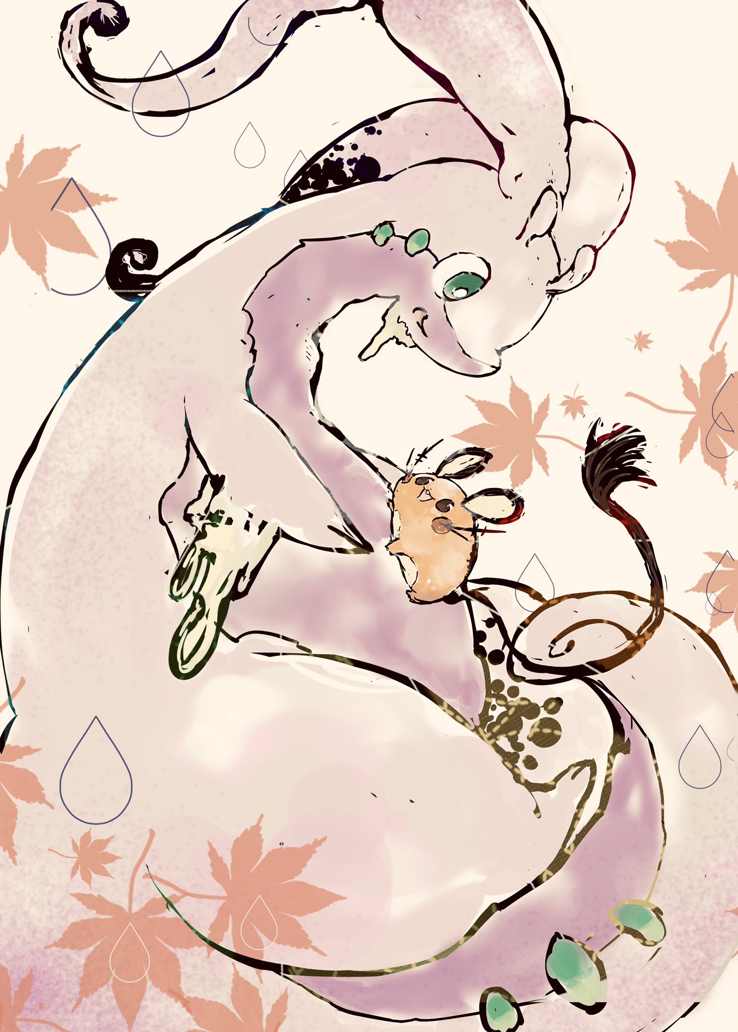 bwmtk1110, dedenne, goodra, nintendo, pokemon, highres, antennae, autumn leaves, colored skin, full body, gen 6 pokemon, green eyes, leaf, looking at another, no humans, open mouth, orange fur, pokemon (creature), pokemon focus, purple skin, simple background, sitting, slime (substance), slug, tail, white background