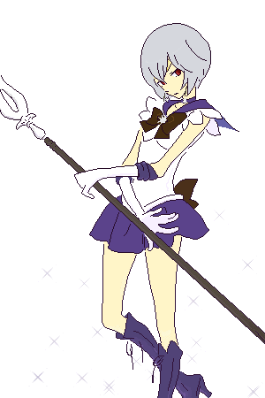gen (susono01), ayanami rei, sailor saturn, bishoujo senshi sailor moon, neon genesis evangelion, lowres, 1girl, blue hair, boots, brooch, cosplay, female focus, glaive (polearm), holding, holding polearm, holding spear, holding weapon, jewelry, knee boots, magical girl, oekaki, pale skin, parody, polearm, purple boots, red eyes, sailor saturn (cosplay), short hair, silence glaive, solo, spear, star brooch, weapon