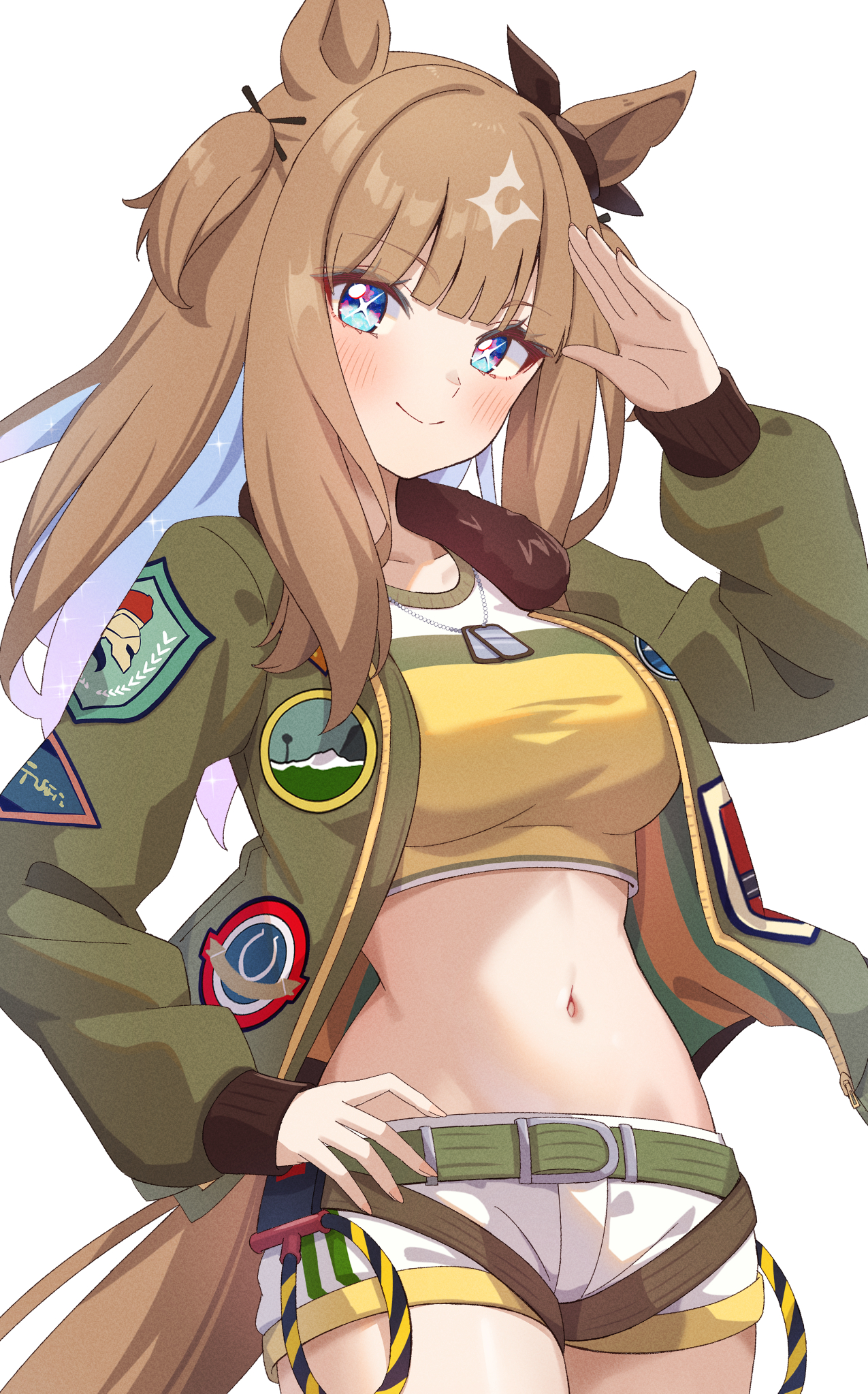 chahanramen, almond eye (umamusume), mayano top gun (scramble zone) (umamusume), mayano top gun (umamusume), umamusume, highres, 1girl, animal ears, bare shoulders, blue eyes, blue hair, blunt bangs, blush, bomber jacket, breasts, brown hair, closed mouth, colored inner hair, cosplay, crop top, cropped shirt, cross-shaped pupils, dog tags, hand on own hip, hand up, horse ears, horse girl, jacket, large breasts, long hair, mayano top gun (umamusume) (cosplay), midriff, multicolored hair, navel, open clothes, open jacket, open mouth, shirt, short shorts, shorts, simple background, smile, solo, stomach, streaked hair, sweat, symbol-shaped pupils, two side up, white background, white shorts, yellow shirt