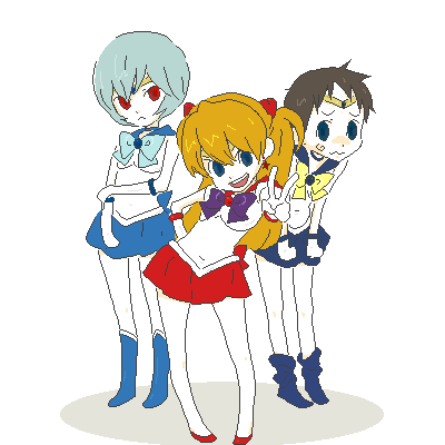 gen (susono01), ayanami rei, ikari shinji, ogata megumi, sailor mars, sailor mercury, sailor uranus, souryuu asuka langley, bishoujo senshi sailor moon, neon genesis evangelion, blue footwear, lowres, 1boy, 2girls, androgynous, blue eyes, blue hair, blue sailor collar, blue skirt, boots, bow, cosplay, covering crotch, covering privates, crossdressing, hand on own hip, hip focus, knee boots, magical girl, multiple girls, oekaki, parody, red eyes, red hair, red skirt, sailor collar, sailor mars (cosplay), sailor mercury (cosplay), sailor senshi, sailor uranus (cosplay), short hair, skirt, skirt tug, trap, v, voice actor connection, yellow bow