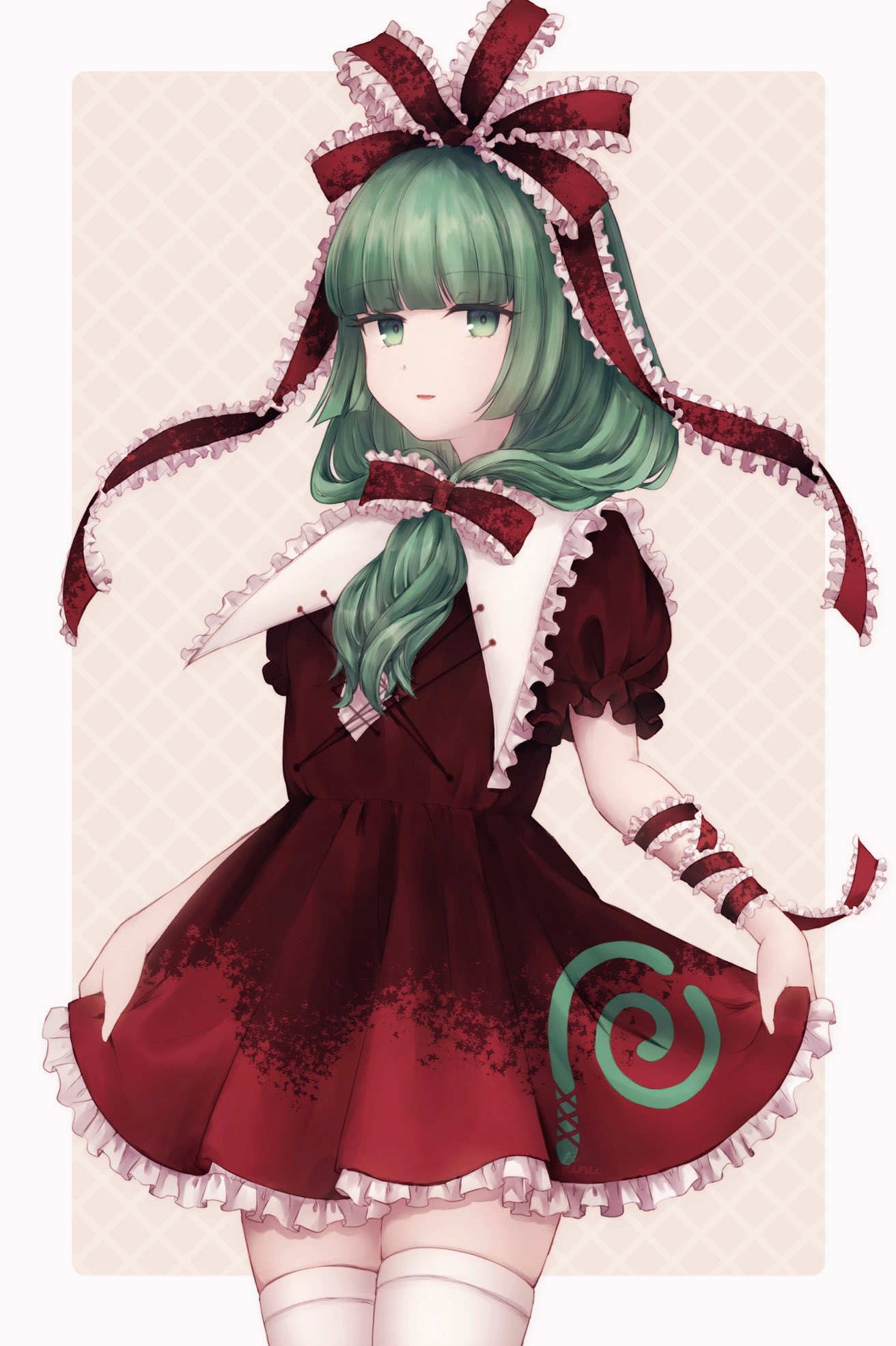 bebitera, kagiyama hina, touhou, highres, 1girl, arm ribbon, blunt bangs, bow, collared dress, dress, frilled bow, frilled dress, frilled ribbon, frills, front ponytail, green eyes, green hair, hair bow, hair ribbon, hime cut, puffy short sleeves, puffy sleeves, red bow, red dress, red ribbon, ribbon, short sleeves, smile, solo, thighhighs, white thighhighs