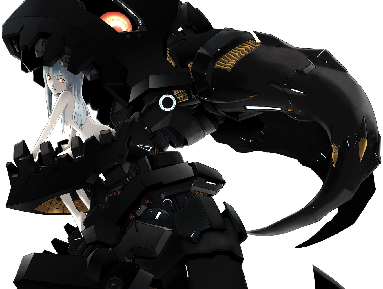ak2, tagme, blue hair, long hair, mecha, nude, red eyes, robot