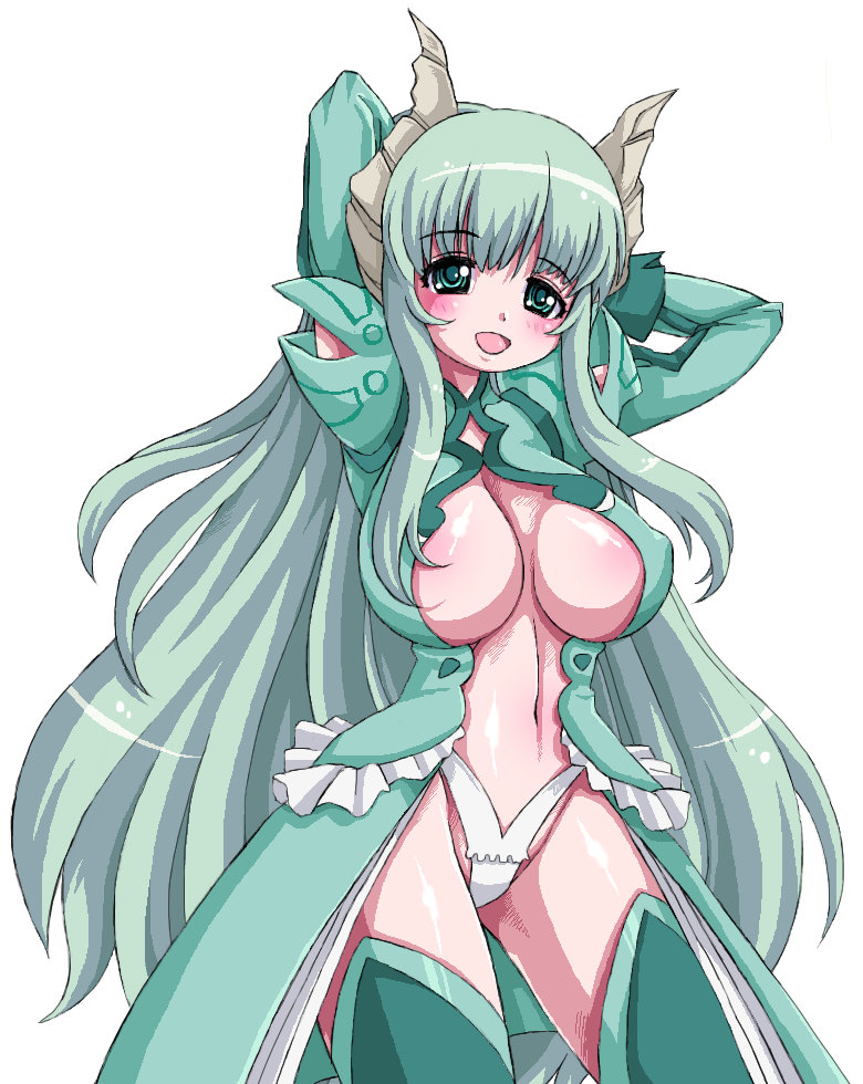 nanashi mushi, falce, magician's academy, 00s, 1girl, breasts, cleavage cutout, clothing cutout, covered erect nipples, dragon horns, female focus, green eyes, green hair, horns, huge breasts, large breasts, long hair, matching hair/eyes, navel, panties, shiny skin, solo, thighhighs, underwear