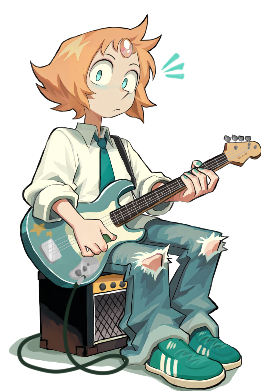 pearl (steven universe), steven universe, highres, 1girl, alternate costume, blue eyes, denim, electric guitar, fawken, forehead jewel, gem, gem (steven universe), guitar, instrument, jeans, necktie, orange hair, pants, pearl (gemstone), pearl (species) (steven universe), pointy nose, short hair, sitting