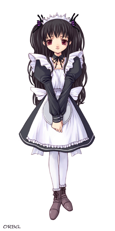 orebalgum, commentary, korean commentary, 1girl, ankle boots, apron, back bow, black collar, black dress, black hair, black ribbon, black sleeves, boots, border, bow, breasts, brown boots, butterfly wings, closed mouth, collar, collarbone, detached collar, dress, facing viewer, full body, hair ornament, headdress, holding, holding tray, impasto, insect wings, juliet sleeves, lace-up boots, legs together, long hair, long sidelocks, long sleeves, looking at viewer, maid, maid apron, maid headdress, medium dress, moon knights, neck ribbon, nostrils, pantyhose, pink eyes, puffy sleeves, ribbon, sayuri (moon knights), sidelocks, simple background, sleeve cuffs, small breasts, smile, solo, tray, twintails, very long hair, waist bow, watermark, web address, white apron, white border, white pantyhose, winged hair ornament, wings