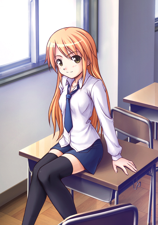 michi, koizumi chika, kyou no go no ni, 00s, 1girl, blonde hair, classroom, desk, female focus, green eyes, indoors, necktie, school, school desk, school uniform, skirt, solo, thighhighs, zettai ryouiki