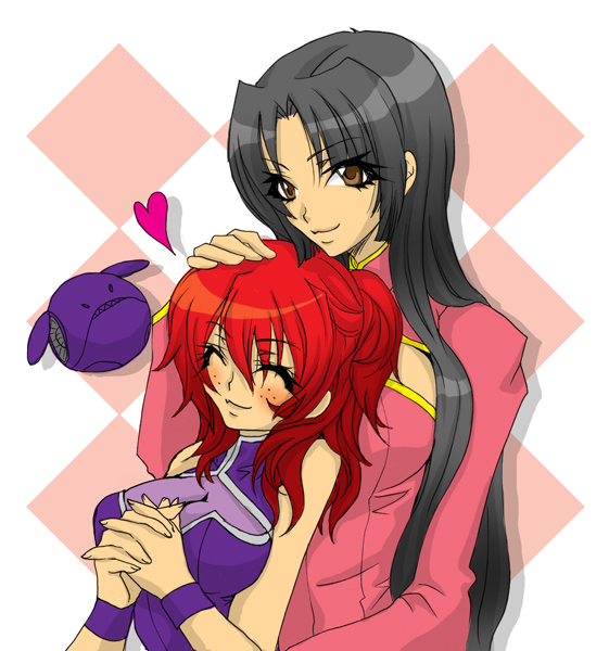 sunfl, bad haro, nena trinity, wang liu mei, gundam, gundam 00, bad id, bad pixiv id, 00s, 2girls, black hair, blush, breasts, brown eyes, cleavage, closed eyes, freckles, heart, long hair, medium breasts, multiple girls, red hair, smile