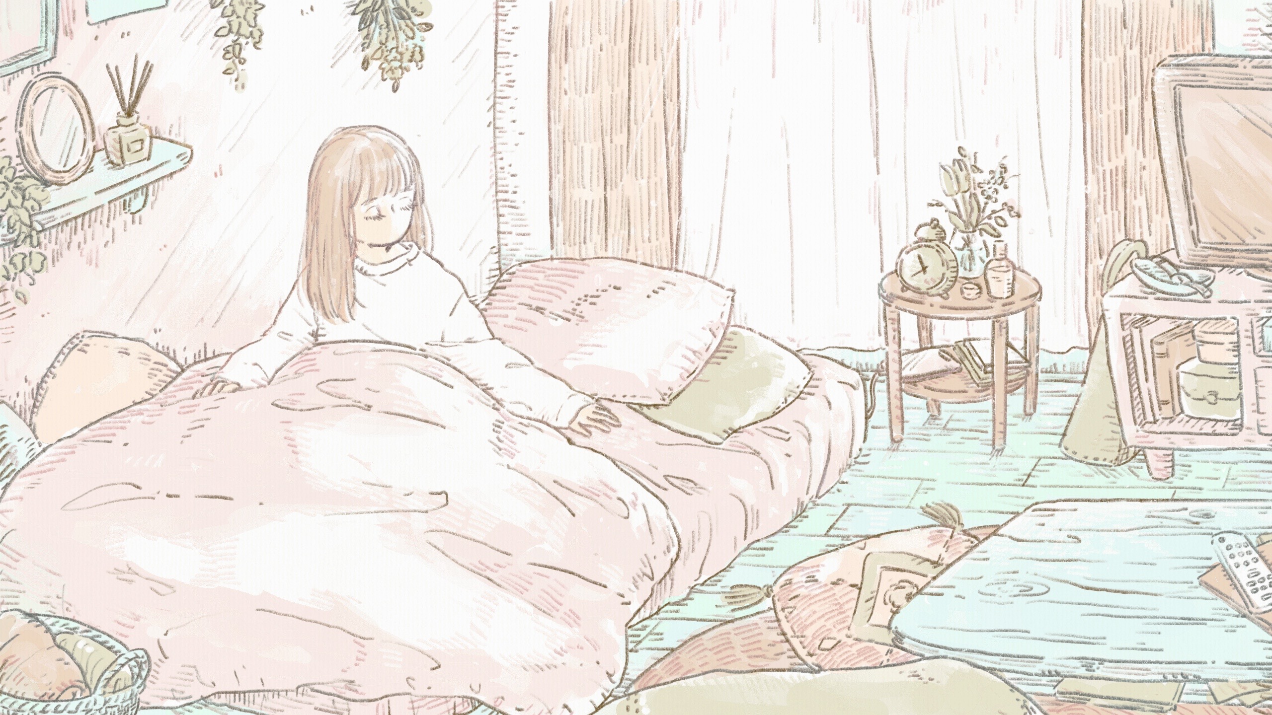 port (portzzz), original, commentary request, highres, video thumbnail, 1girl, alarm clock, basket, bed, brown hair, cable, cellphone, clock, closed eyes, controller, curtains, cushion, incense, indoors, long hair, long sleeves, mirror, no mouth, phone, pillow, plant, remote control, shirt, smartphone, solo, table, television, under covers, vase, waking up, white shirt, window, wooden floor, wooden table