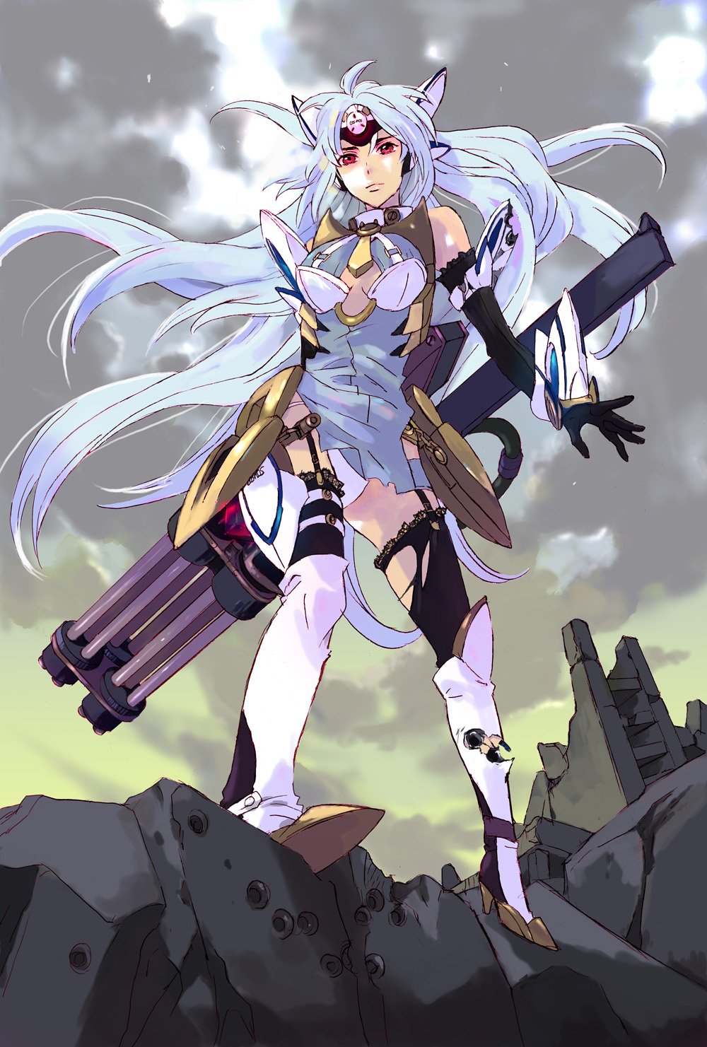 kaori (pixiv46502), ozaki kaori, kos-mos, kos-mos ver. 4, xenosaga, xenosaga episode iii, highres, 00s, 1girl, android, armor, bare shoulders, black gloves, blue eyes, blue hair, boots, breasts, damaged, elbow gloves, female focus, garter straps, gloves, gun, judemomo, long hair, machine gun, matching hair/eyes, panties, red eyes, ruins, solo, thigh boots, thighhighs, torn clothes, underboob, underwear, very long hair, weapon