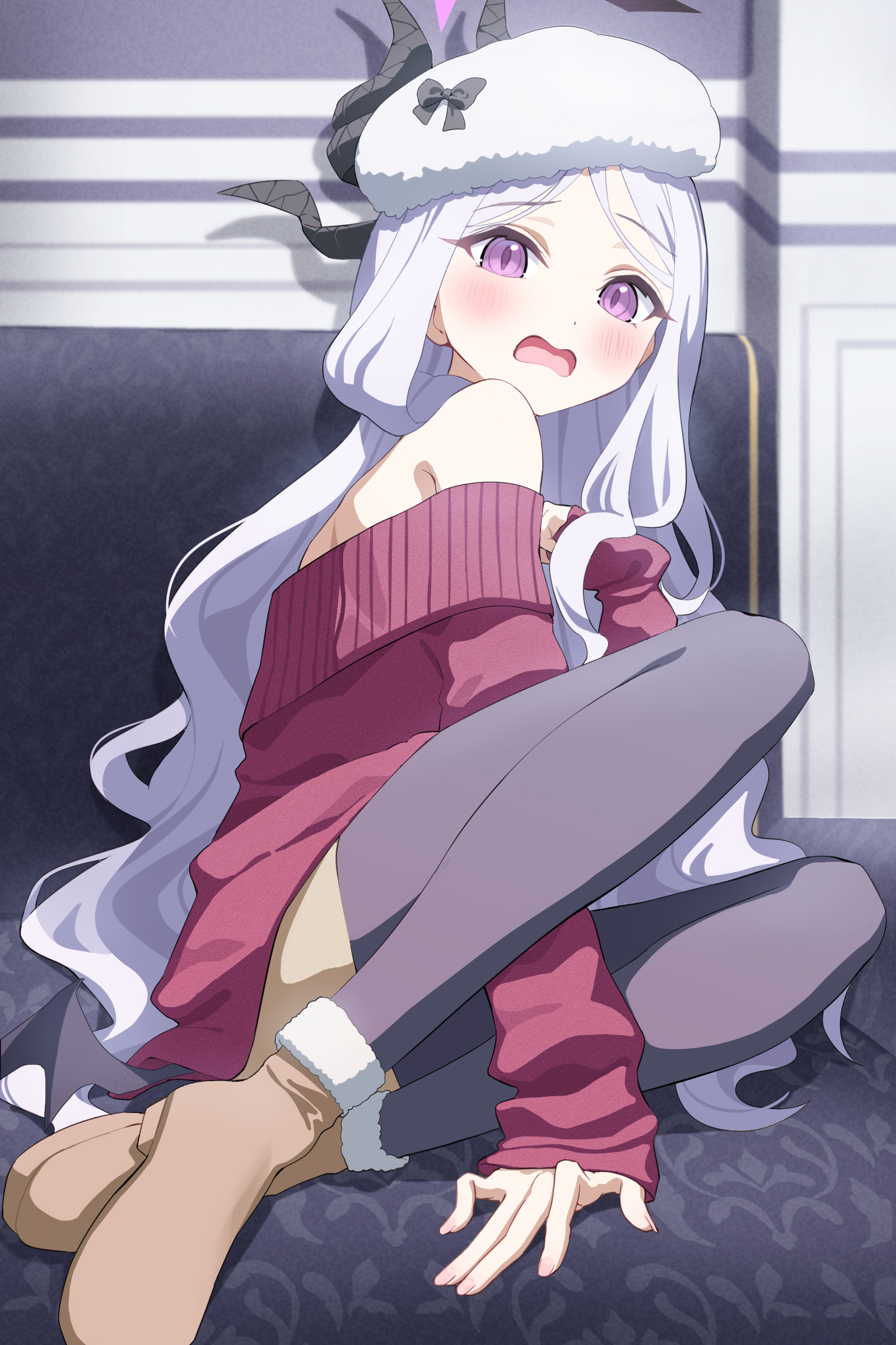 applepie (12711019), hina (blue archive), blue archive, absurdres, highres, 1girl, ahoge, bare shoulders, blush, breasts, forehead, halo, hat, horns, long hair, long sleeves, looking at viewer, multiple horns, open mouth, pantyhose, parted bangs, purple eyes, small breasts, solo, sweater, white hair
