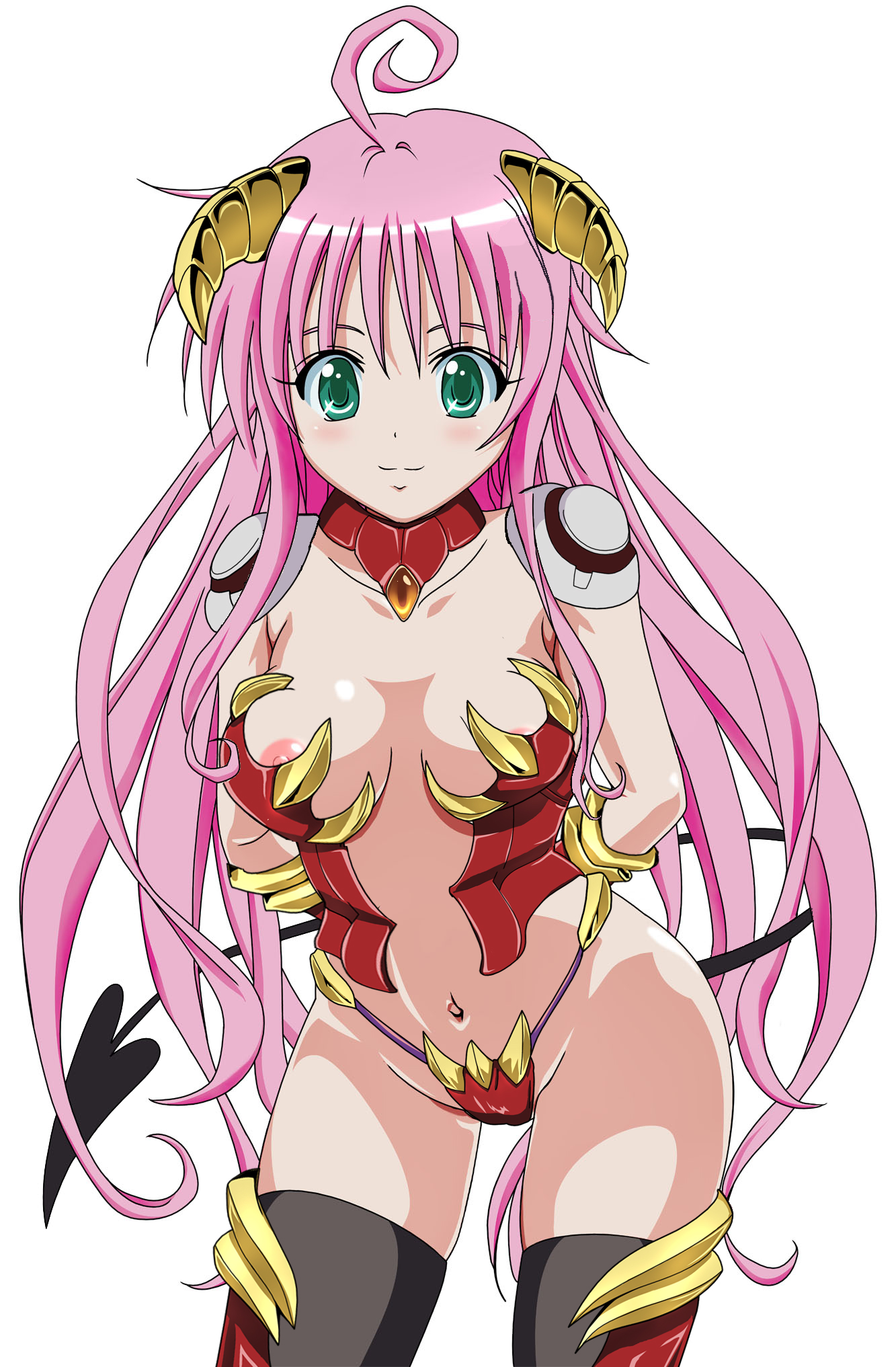 lala satalin deviluke, run elsie jewelria, to love-ru, highres, non-web source, 1girl, ahoge, breasts, choker, cosplay, female focus, green eyes, horns, long hair, navel, nipple slip, nipples, pink hair, run elsie jewelria (cosplay), shoulder pads, solo, tail, thighhighs, very long hair