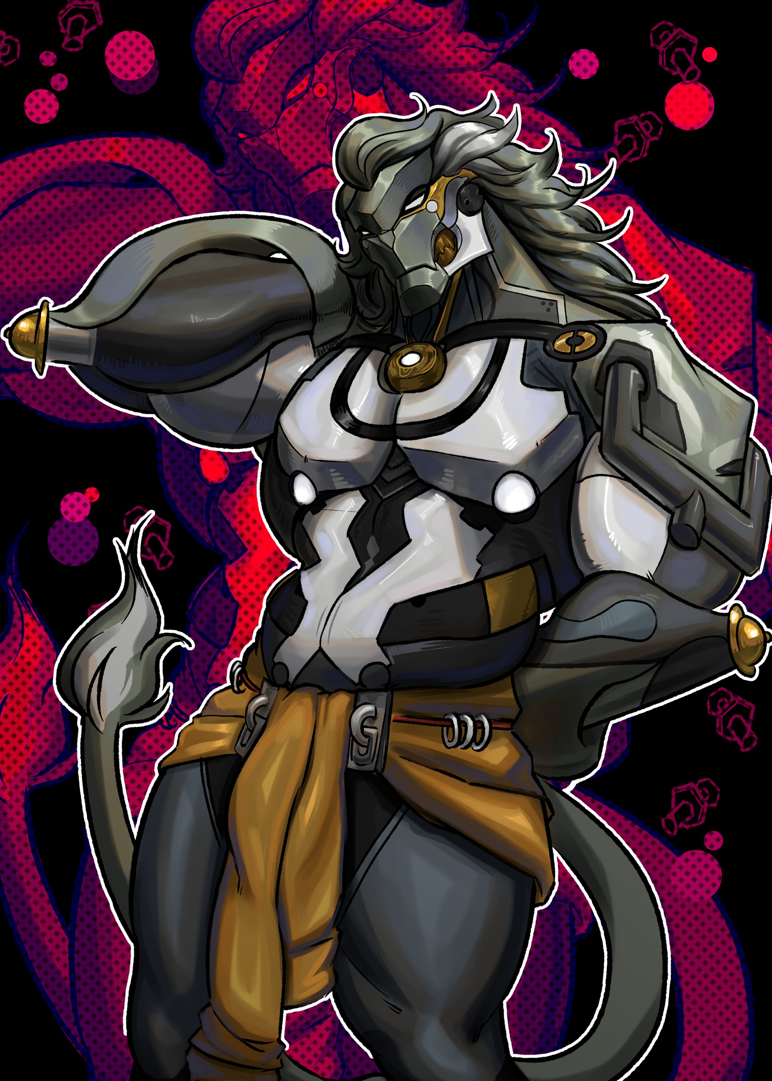 arctavius, zenless zone zero, absurdres, commentary, english commentary, highres, 1boy, arm behind head, banyue (zenless zone zero), bara, grey hair, long hair, looking at viewer, male focus, muscular, muscular male, robot boy, tail