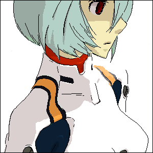 gen (susono01), ayanami rei, neon genesis evangelion, lowres, blue hair, mecha pilot suit, oekaki, pale skin, plugsuit (evangelion), red eyes, short hair, solo