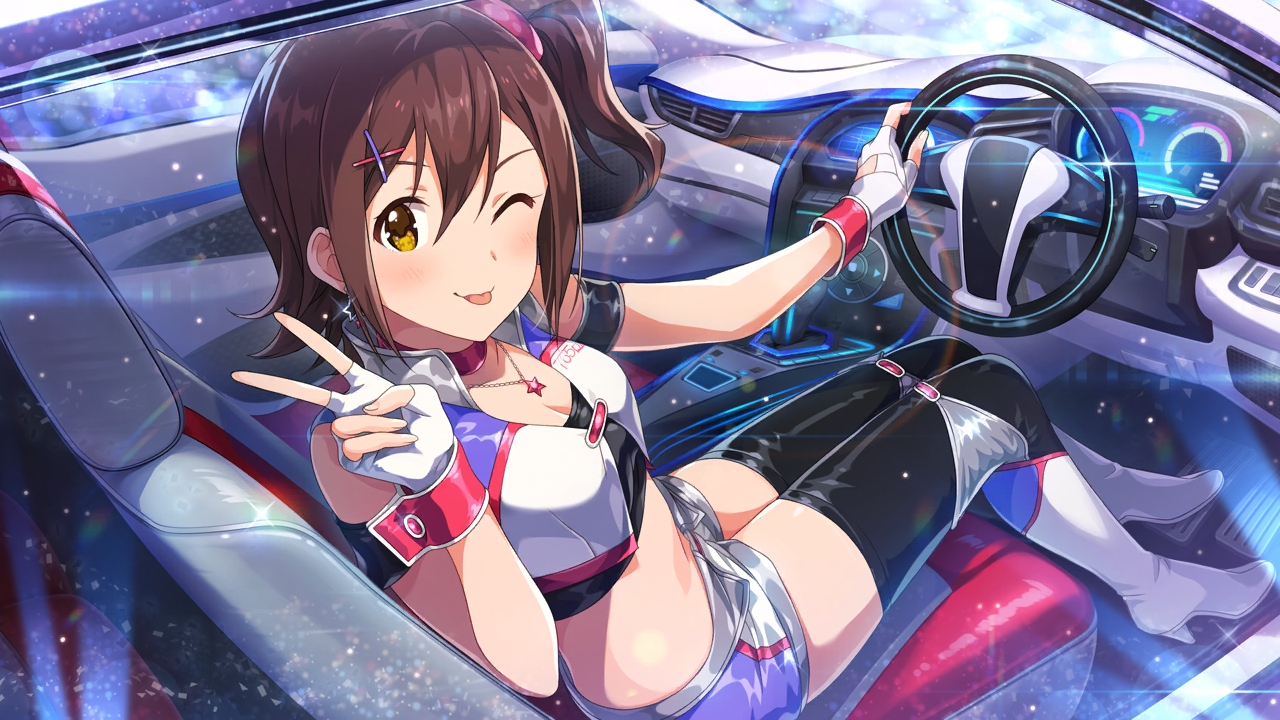 kasuga mirai, idolmaster, idolmaster million live!, idolmaster million live! theater days, commentary request, game cg, official art, third-party source, 1girl, ;p, boots, breasts, brown eyes, brown hair, car interior, choker, cleavage, closed mouth, crop top, fingerless gloves, from side, gloves, hair ornament, hand up, high heel boots, high heels, jewelry, looking at viewer, looking to the side, necklace, one eye closed, one side up, pink choker, short hair, short shorts, shorts, sitting, solo, star (symbol), star necklace, steering wheel, thigh boots, tongue, tongue out, v, white gloves, x hair ornament