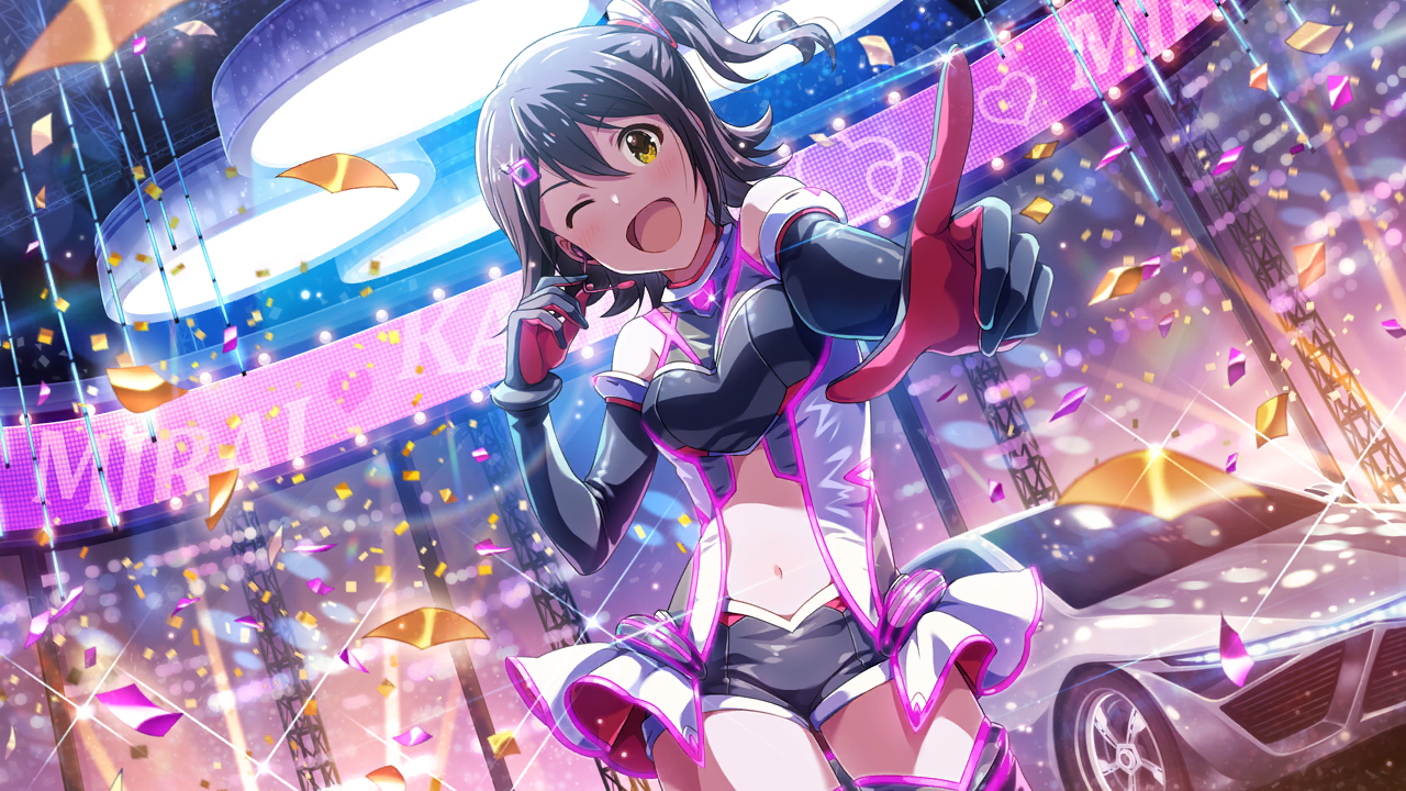 kasuga mirai, idolmaster, idolmaster million live!, idolmaster million live! theater days, commentary request, game cg, official art, third-party source, 1girl, breasts, brown hair, car, character name, clothing cutout, confetti, elbow gloves, gloves, hair ornament, hairclip, looking at viewer, motor vehicle, navel, navel cutout, official alternate costume, one eye closed, one side up, open mouth, outstretched arm, short hair, short shorts, shorts, sleeveless, smile, solo, standing, two-tone gloves, yellow eyes
