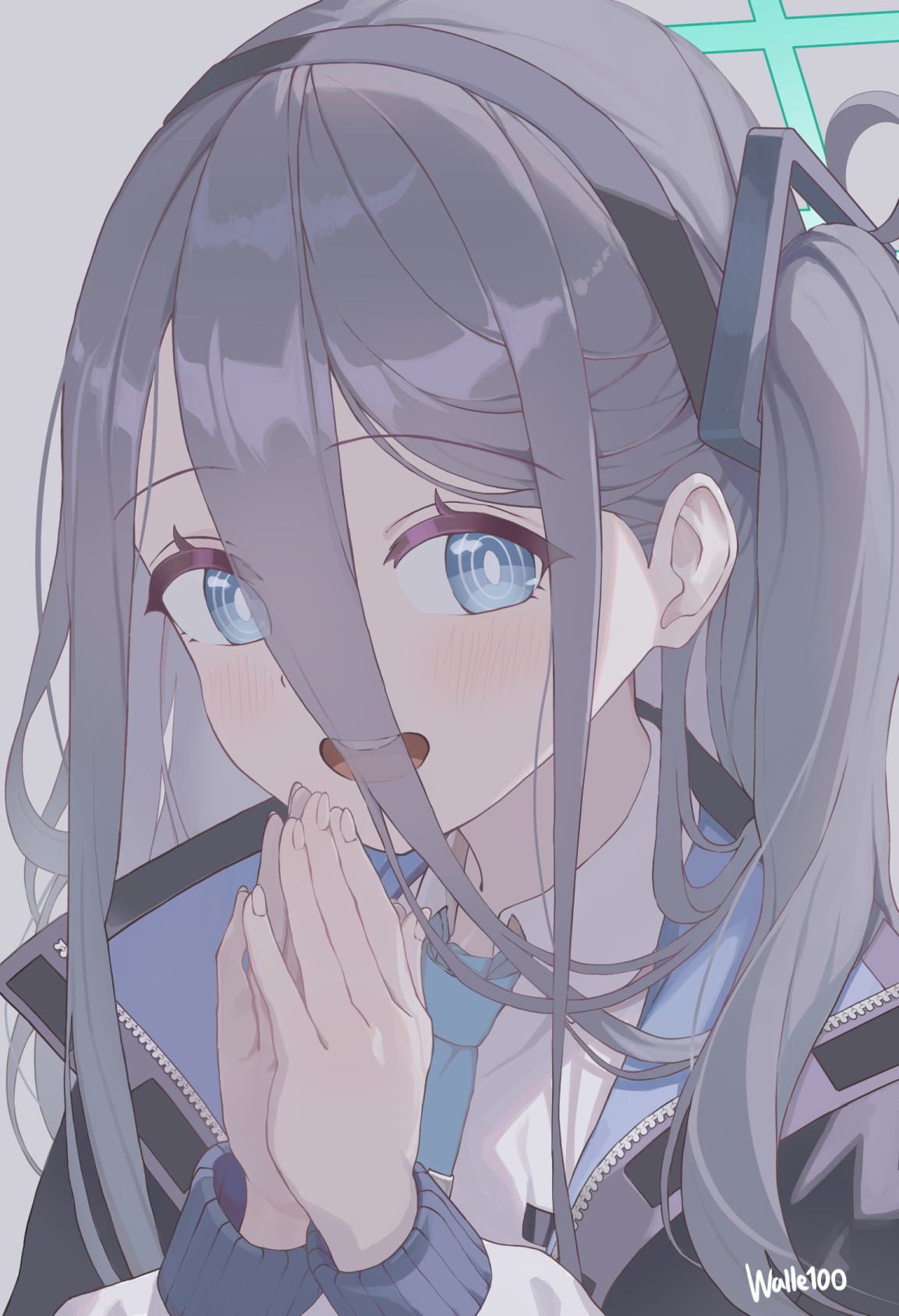 aris (blue archive), blue archive, commentary, highres, 1girl, aqua eyes, aqua halo, artist name, black hairband, black jacket, blue jacket, blue necktie, blush, bright pupils, collared shirt, eyes visible through hair, fingernails, grey background, grey hair, hair between eyes, hairband, halo, hands up, jacket, kaffeine100, long bangs, long hair, long hair between eyes, long sidelocks, long sleeves, looking at viewer, mouth visible through hair, multicolored jacket, necktie, one side up, open clothes, open jacket, open mouth, own hands together, palms together, puffy long sleeves, puffy sleeves, rectangular halo, ringed eyes, school uniform, shirt, sidelocks, smile, solo, teeth, tie clip, two-sided fabric, two-sided jacket, unzipped, upper body, upper teeth only, white jacket, white pupils, white shirt