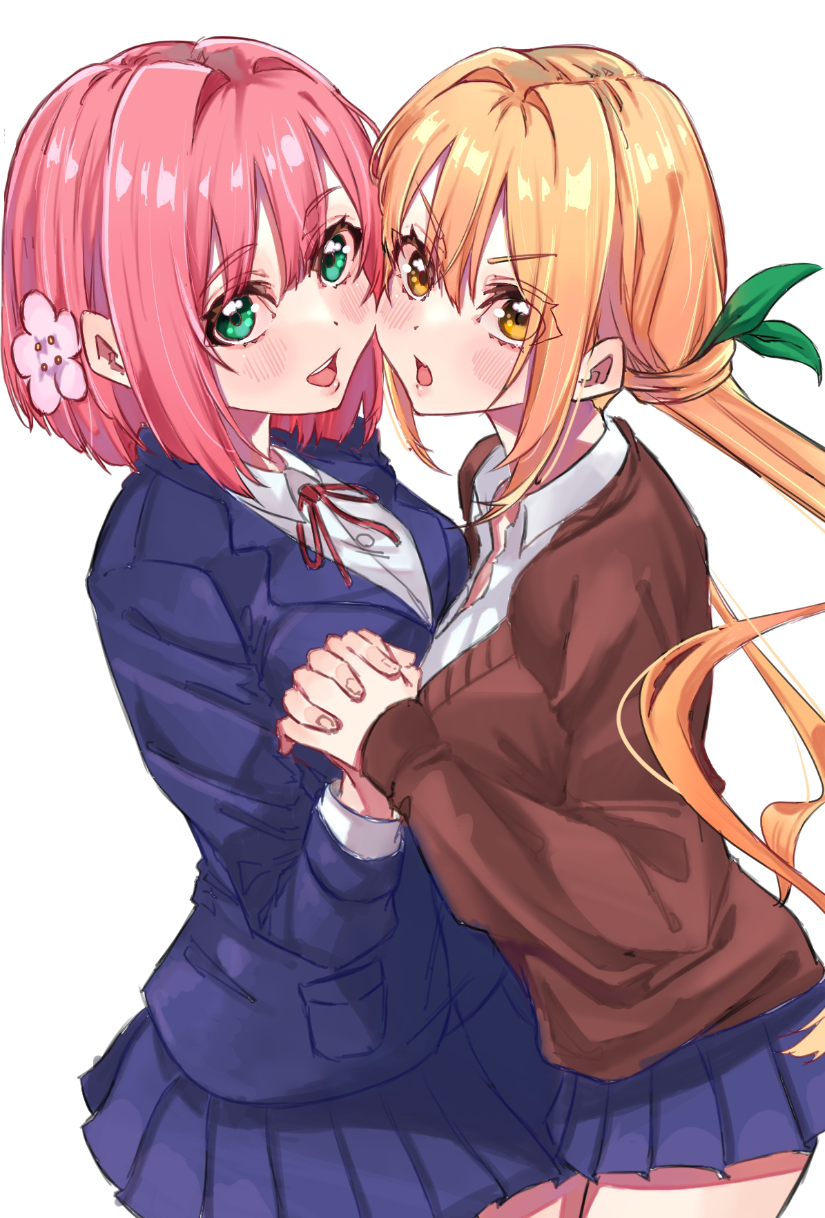 taroekaki, hanazono hakari, inda karane, kimi no koto ga dai dai dai dai daisuki na 100-nin no kanojo, commentary request, highres, 2girls, blazer, brown cardigan, cardigan, cheek-to-cheek, collared shirt, flower, green eyes, green ribbon, hair flower, hair ornament, hair ribbon, heads together, holding hands, interlocked fingers, jacket, long hair, long sleeves, looking at viewer, multiple girls, neck ribbon, ohananomitsu high school uniform, open mouth, orange hair, pink flower, pink hair, pleated skirt, purple jacket, purple skirt, red ribbon, ribbon, school uniform, shirt, short hair, simple background, skirt, twintails, white background, white shirt, yellow eyes