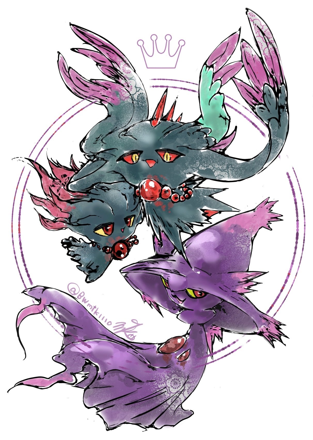 bwmtk1110, flutter mane, misdreavus, mismagius, nintendo, pokemon, highres, :d, beads, colored sclera, evolutionary line, fang, floating, full body, gem, gen 2 pokemon, gen 4 pokemon, hat, looking at viewer, no humans, open mouth, pokemon (creature), red eyes, red gemstone, red sclera, simple background, skin fang, smile, white background, witch hat, yellow eyes, yellow sclera