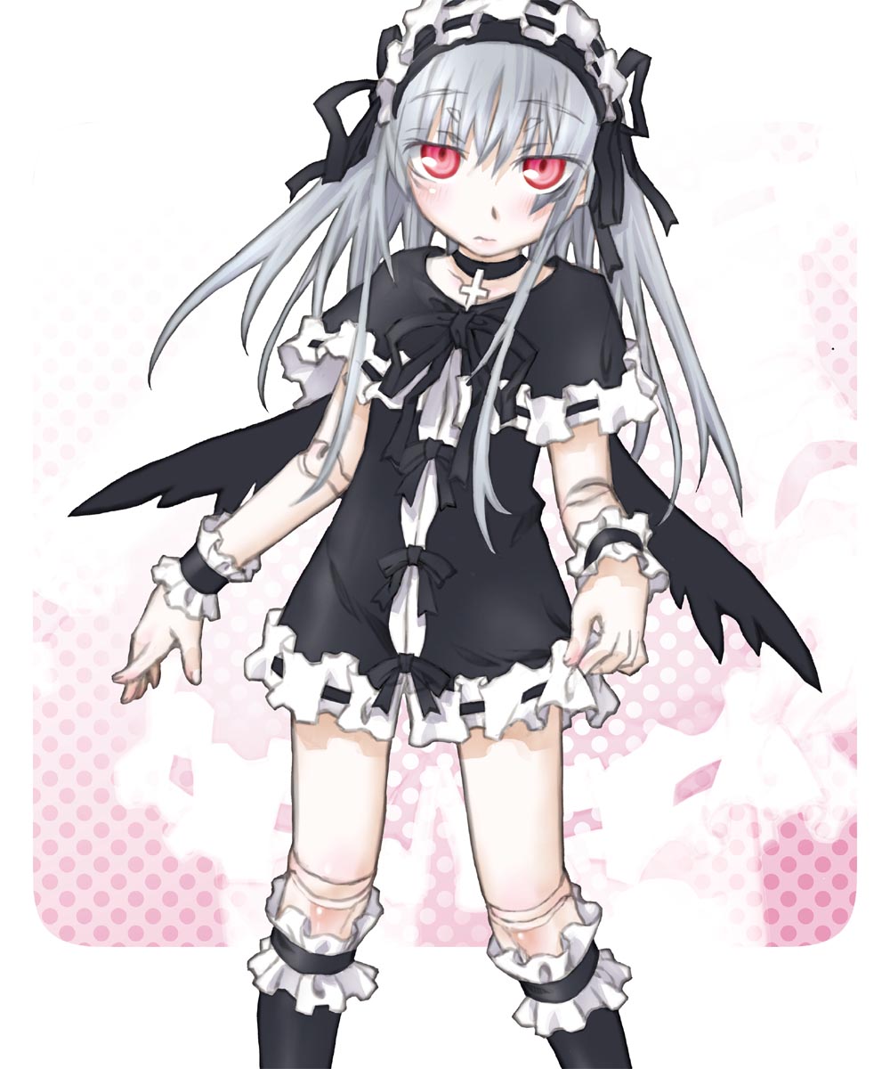 kakashichi, suigintou, rozen maiden, silver hair, highres, 00s, doll joints, dress, gothic lolita, hairband, joints, kneehighs, lolita fashion, long hair, pink eyes, socks, solo, wings, wristband