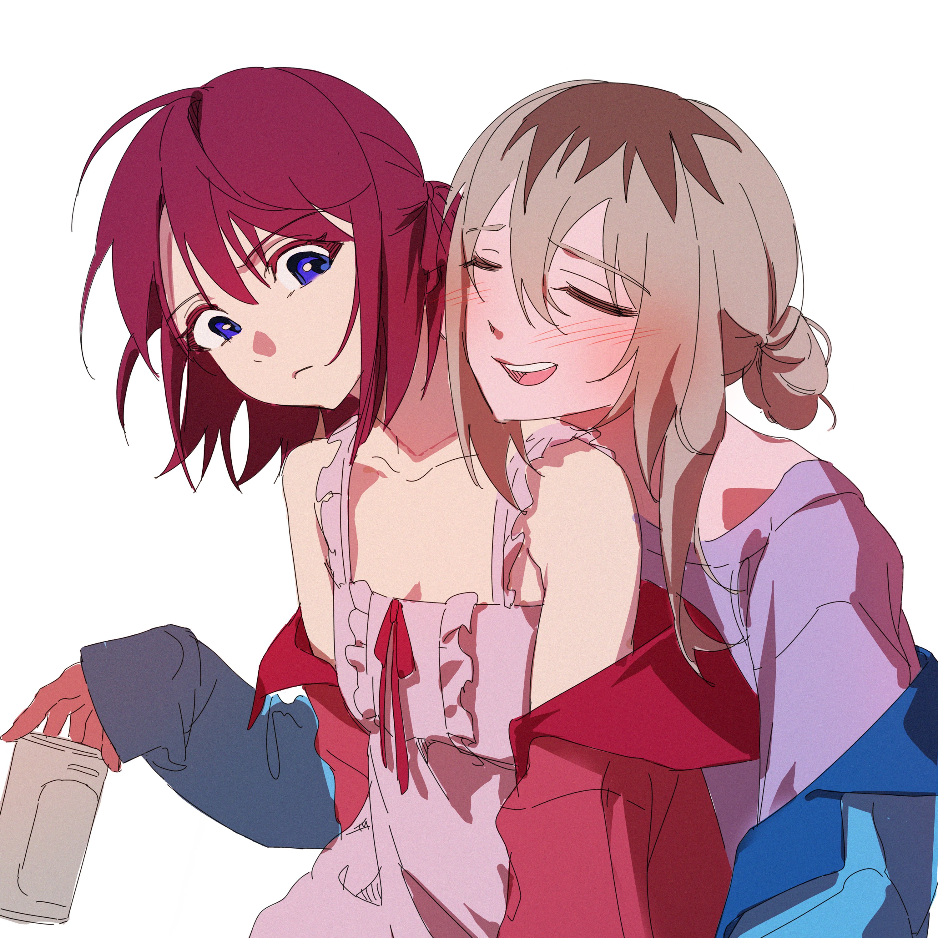 iseri nina, kawaragi momoka, girls band cry, absurdres, commentary, hashtag-only commentary, highres, 2girls, beer can, blue eyes, blush, can, closed eyes, closed mouth, drink can, drunk, hair between eyes, hair bun, holding, holding can, hug, hug from behind, jacket, multicolored hair, multiple girls, nikekekeke kek, off shoulder, red hair, red jacket, roots (hair), short hair, sidelocks, simple background, single hair bun, spaghetti strap, white background, yuri