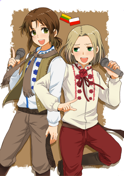 masaki (celesta), lithuania (hetalia), poland (hetalia), axis powers hetalia, 2boys, :d, belt, blonde hair, boots, border, brown background, brown belt, brown boots, brown hair, brown pants, brown scarf, brown vest, curtained hair, feet out of frame, flower, green eyes, holding, holding microphone, knee boots, lithuanian flag, locked arms, long sleeves, looking at another, male focus, microphone, multiple boys, neck ribbon, open clothes, open mouth, open vest, pants, parted bangs, polish flag, ponytail, red flower, red pants, red rose, ribbon, rose, scarf, shirt, short hair, short ponytail, sidelocks, smile, standing, standing on one leg, teeth, upper teeth only, vest, white border, white shirt, yellow shirt