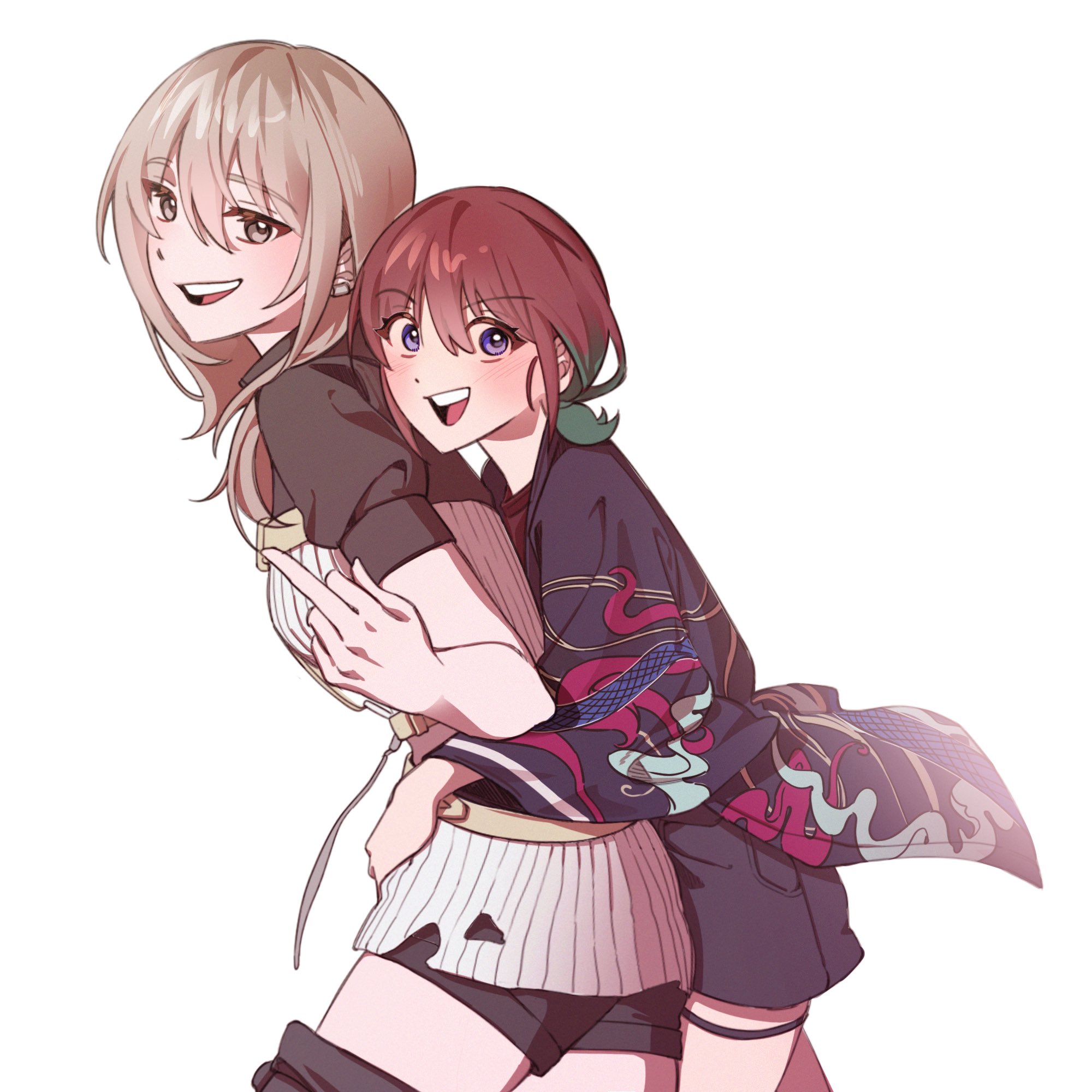 iseri nina, kawaragi momoka, girls band cry, commentary, hashtag-only commentary, highres, 2girls, black shirt, black shorts, blue eyes, blue hair, blue jacket, blush, brown hair, couple, earclip, grey eyes, grey hair, hair between eyes, happi, hug, hug from behind, jacket, japanese clothes, kuuhaku to catharsis, long hair, long sleeves, low twintails, middle finger, multicolored hair, multiple girls, nikekekeke kek, open mouth, roots (hair), shirt, short hair, short sleeves, short twintails, shorts, simple background, teeth, thigh strap, twintails, upper teeth only, white background, yuri