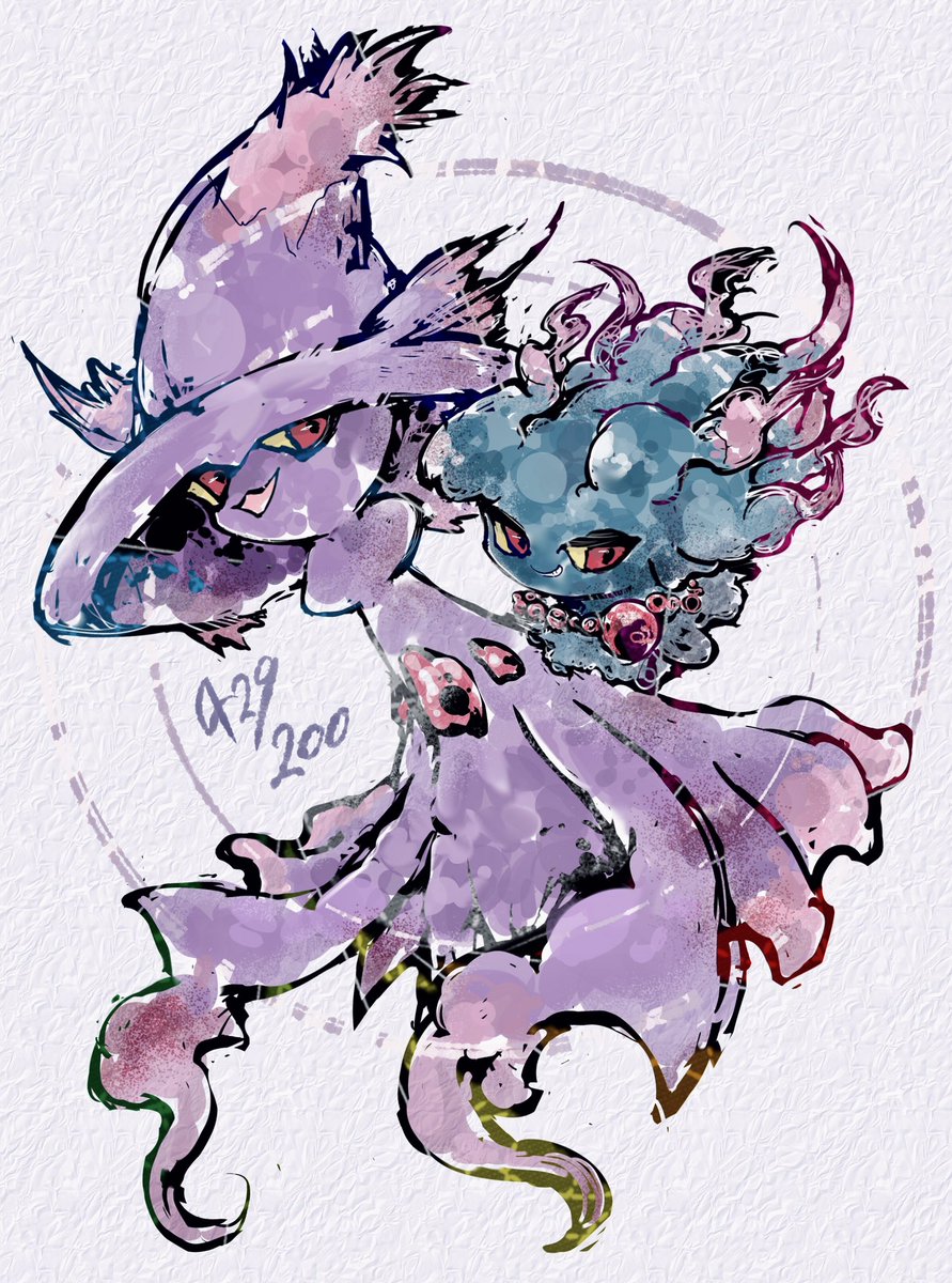 bwmtk1110, misdreavus, mismagius, nintendo, pokemon, highres, beads, colored sclera, evolutionary line, floating, full body, gem, gen 2 pokemon, gen 4 pokemon, ghost, grin, hat, looking at viewer, no humans, open mouth, pokedex number, pokemon (creature), pokemon focus, red eyes, red gemstone, simple background, smile, white background, witch hat, yellow sclera
