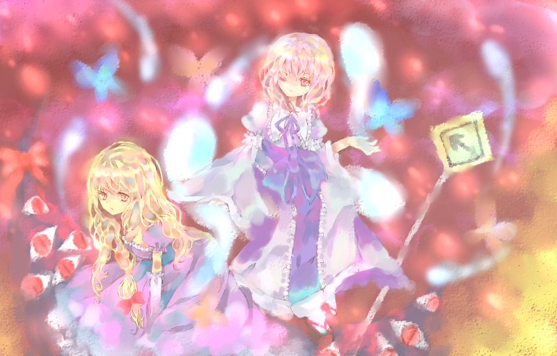 azu, kohina, yuko (kohina), saigyouji yuyuko, yakumo yukari, touhou, bad id, bad pixiv id, 2girls, animal, blonde hair, blue dress, blush, book, brown eyes, bug, butterfly, dress, expressionless, female focus, floating, floating object, flying, from above, gap (touhou), ghost, hitodama, long hair, multiple girls, orange hair, pink hair, short hair, sign, very long hair, wavy hair, wings