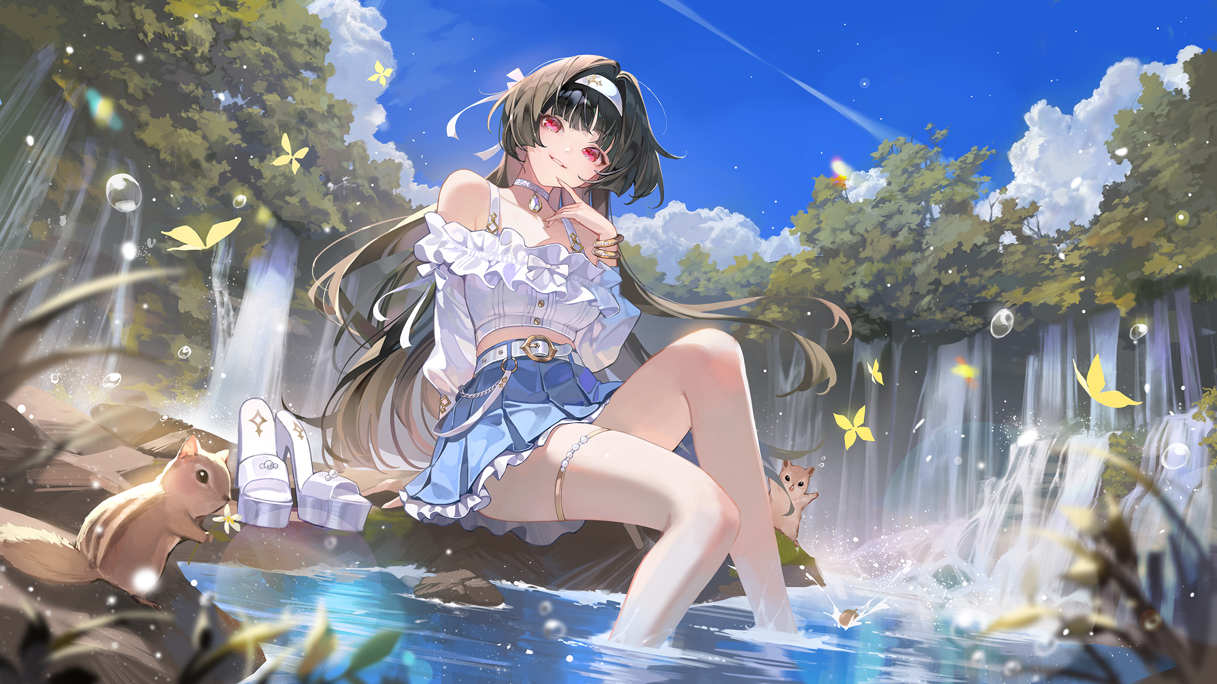 chyoel, astra yao, zenless zone zero, highres, 1girl, bare shoulders, black hair, breasts, hair ornament, hairband, large breasts, long hair, looking at viewer, red eyes, skirt, smile, solo, thighs
