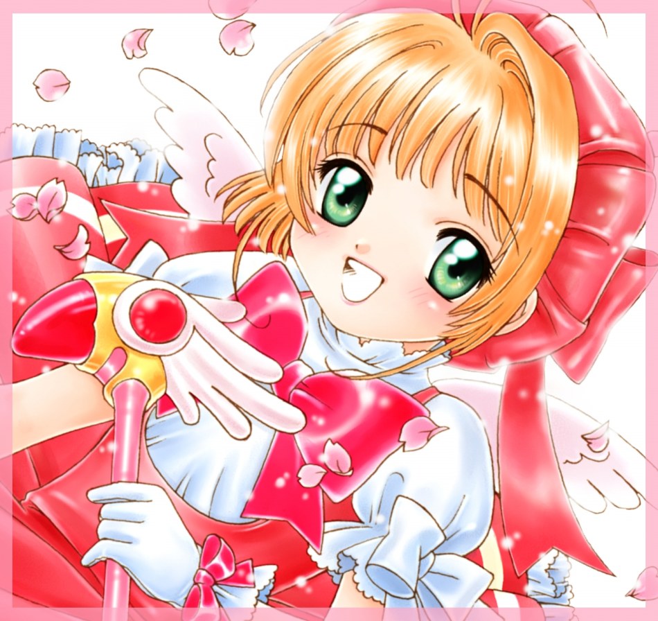 nekozawa yukari, kinomoto sakura, kinomoto sakura (magician), cardcaptor sakura, eyebrows, 1990s (style), 1girl, blonde hair, blunt bangs, bow, bowtie, child, female focus, fuuin no tsue, green eyes, hair intakes, hand on own chest, hat, holding, looking at viewer, magical girl, pink hat, red bow, red bowtie, retro artstyle, rod, short hair, simple background, solo, staff, wand, white background