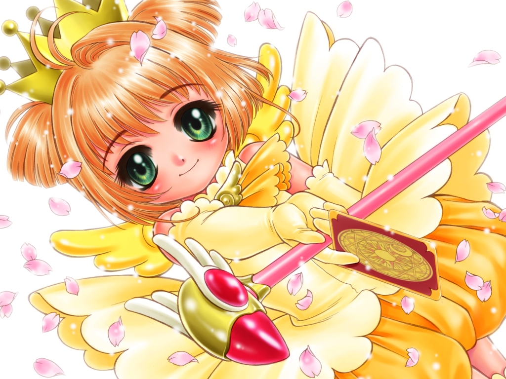 nekozawa yukari, clow card, kinomoto sakura, kinomoto sakura (miraculous sakura), cardcaptor sakura, 1990s (style), 1girl, card, child, elbow gloves, female focus, fuuin no tsue, gloves, green eyes, holding, holding card, magical girl, retro artstyle, smile, solo, staff, yellow gloves