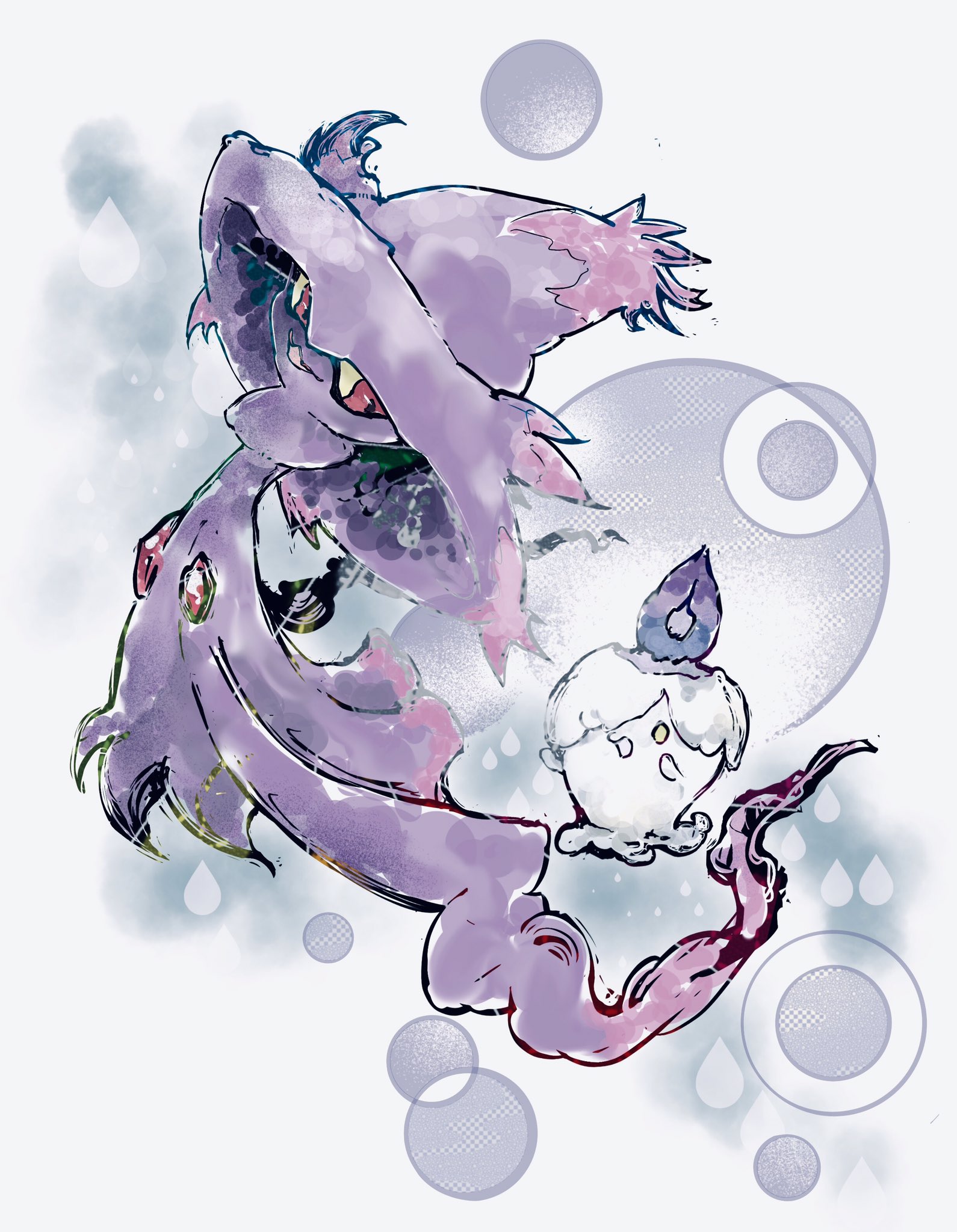 bwmtk1110, litwick, mismagius, nintendo, pokemon, highres, 1girl, candle, colored sclera, fire, floating, full body, gem, gen 4 pokemon, gen 5 pokemon, ghost, grey background, hat, looking at another, looking at viewer, no humans, open mouth, pokemon (creature), purple fire, red eyes, red gemstone, simple background, witch hat, yellow eyes, yellow sclera