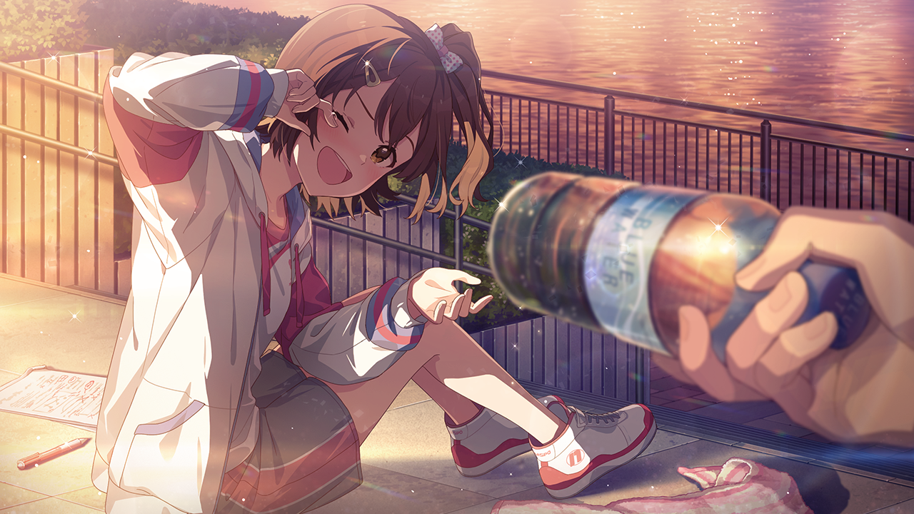 kasuga mirai, idolmaster, idolmaster million live!, idolmaster million live! theater days, commentary request, game cg, official art, third-party source, 1girl, 1other, arm up, blush, bottle, brown eyes, brown hair, from side, full body, holding, holding bottle, jacket, light particles, long sleeves, looking at viewer, looking to the side, one eye closed, one side up, open clothes, open jacket, open mouth, out of frame, outdoors, paper, pen, railing, shoes, short hair, shorts, sitting, smile, sneakers, solo focus, water, water bottle, white jacket, white shoes