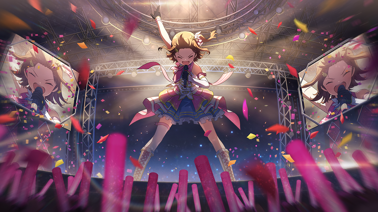 kasuga mirai, idolmaster, idolmaster million live!, idolmaster million live! theater days, commentary request, game cg, official art, third-party source, 1girl, arm up, black gloves, blue skirt, boots, brown hair, closed eyes, concert, confetti, elbow gloves, gloves, glowstick, holding, holding microphone, idol, knee boots, lace-up boots, leaning forward, microphone, official alternate costume, one side up, open mouth, screen zoom, short hair, single thighhigh, skirt, solo focus, stage, standing, thighhighs, white boots