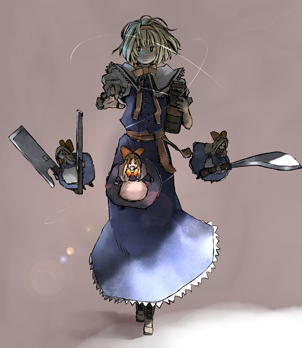 yanomasashi, alice margatroid, hourai doll, shanghai doll, gibson sg, touhou, 1girl, blonde hair, blue dress, capelet, creepy, doll, dress, electric guitar, female focus, flying, full body, grey background, guitar, horror (theme), instrument, looking at viewer, short hair, simple background, size difference, solo, string, walking