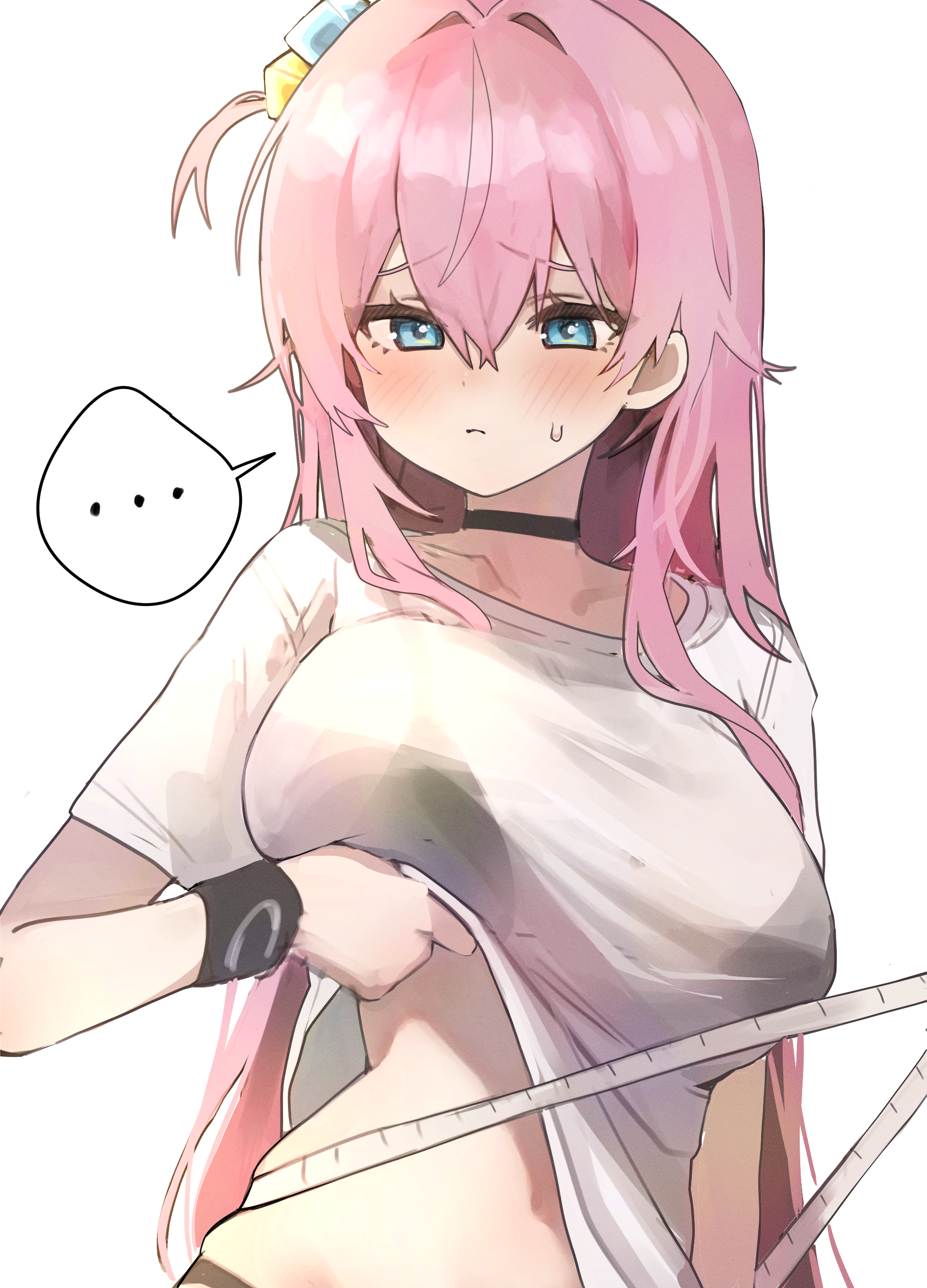 kumsusukum, gotoh hitori, bocchi the rock!, absurdres, highres, …, 1girl, alternate costume, black choker, black wrist cuffs, blue eyes, blush stickers, breasts, choker, clothes lift, cube hair ornament, hair between eyes, hair ornament, large breasts, lifting own clothes, long hair, measuring, midriff peek, shirt, shirt lift, simple background, solo, spoken ellipsis, t-shirt, tape measure, white background, white shirt, wrist cuffs