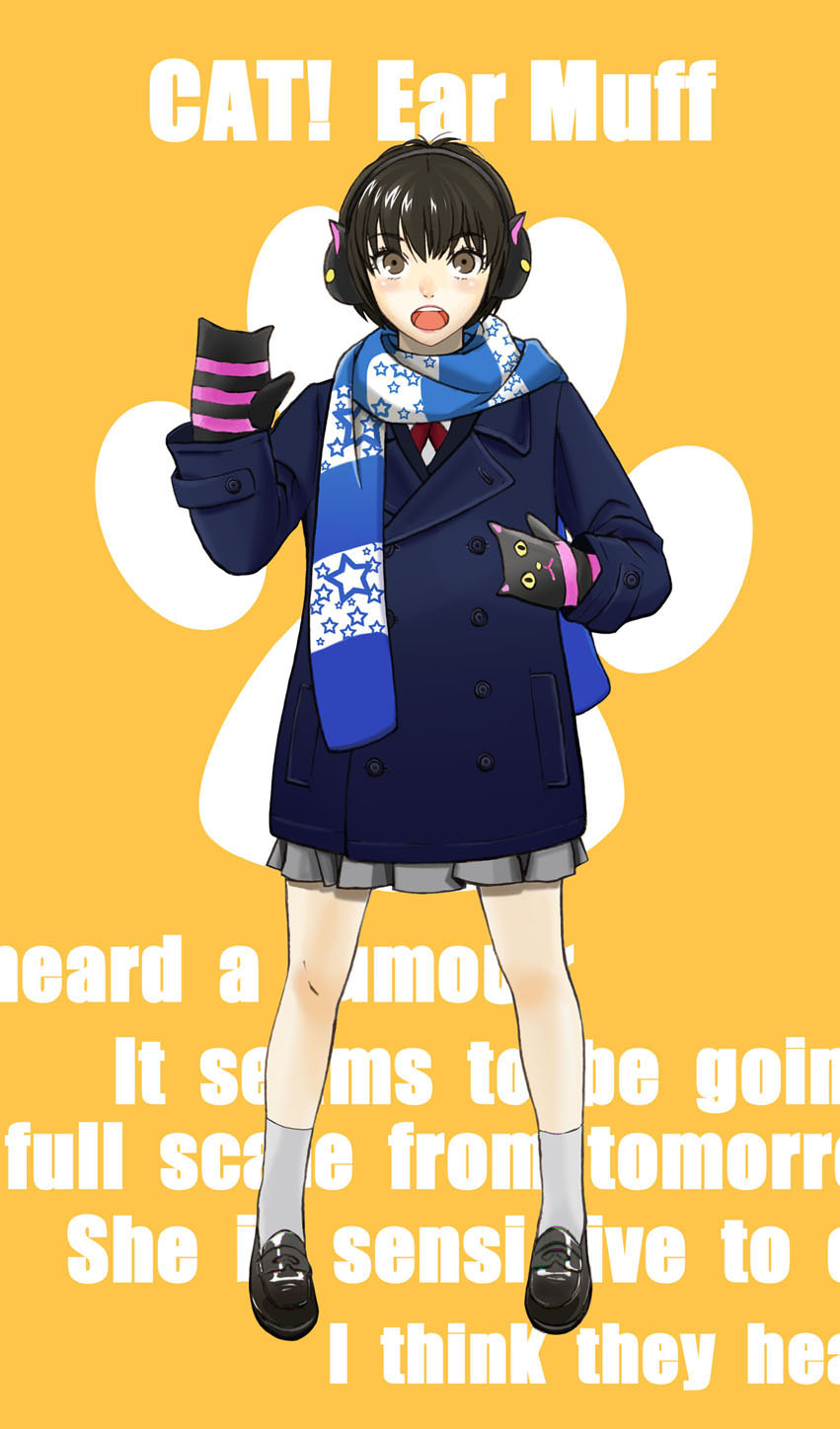 hobii, original, bad id, bad pixiv id, highres, 1girl, animal ears, blue scarf, brown eyes, brown hair, cat ears, coat, earmuffs, english text, engrish text, female focus, mittens, ranguage, scarf, school uniform, short hair, skirt, socks, solo, star (symbol), star print, striped clothes, striped scarf