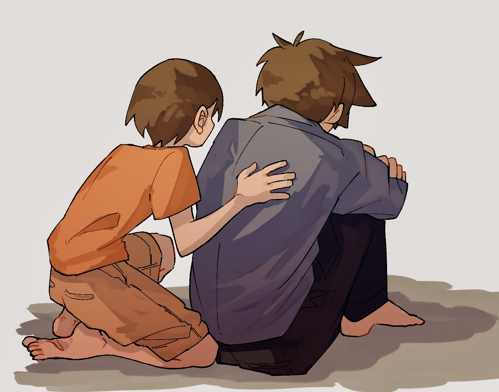 shakomori w, hero (faraway) (omori), hero (omori), kel (faraway) (omori), kel (omori), omori, highres, 2boys, antenna hair, barefoot, blue shirt, brothers, brown hair, brown shorts, collared shirt, dark-skinned male, dark skin, from behind, grey background, hand on another's back, knees up, long sleeves, male focus, multiple boys, on one knee, orange shirt, shirt, short hair, shorts, siblings, simple background, sitting, t-shirt