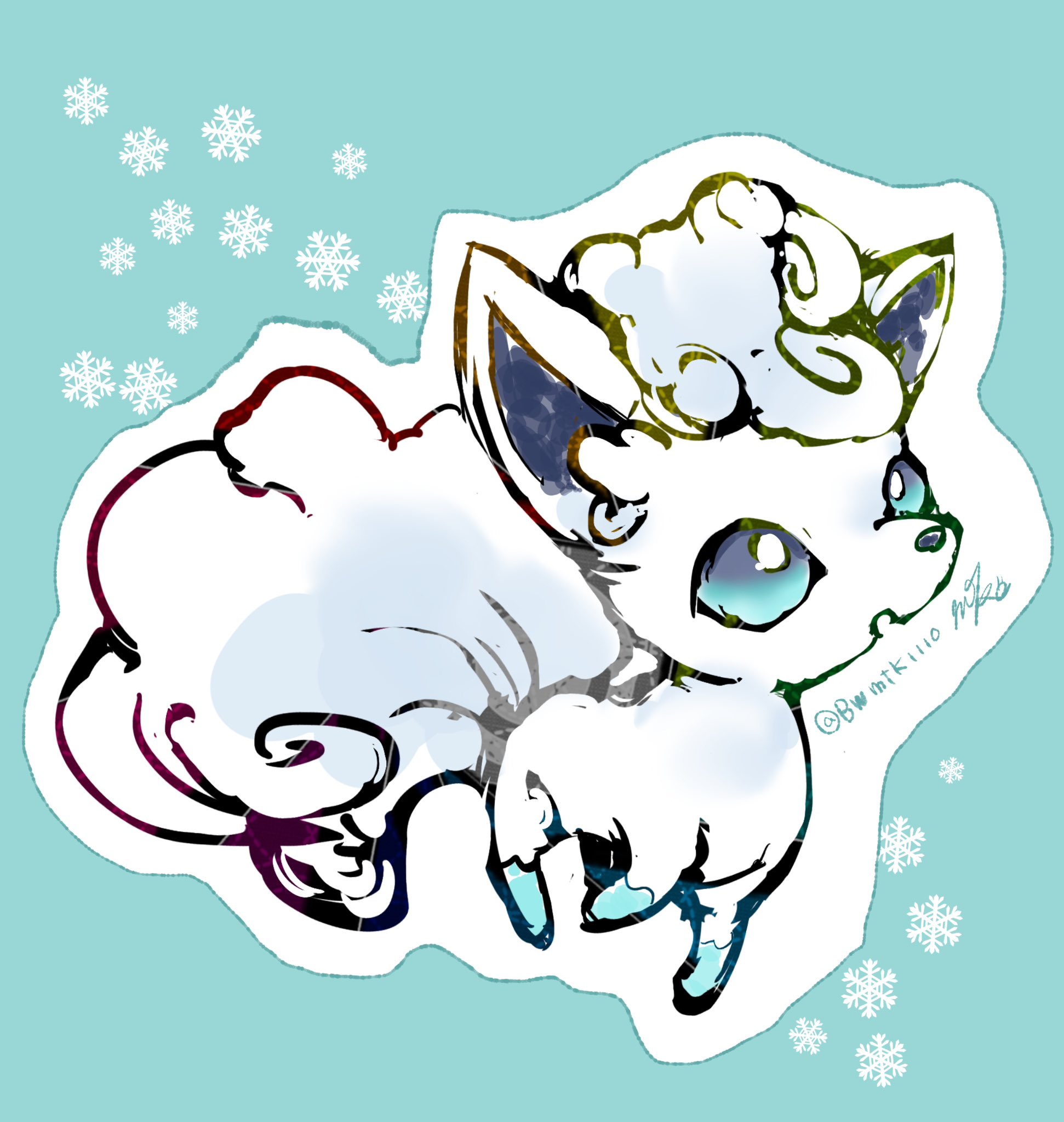 bwmtk1110, alolan vulpix, nintendo, pokemon, highres, alolan form, animal focus, animal hands, blue background, blue eyes, blue fur, fluffy, fox, full body, gen 7 pokemon, looking at viewer, no humans, open mouth, pokemon (creature), simple background, solo, standing, two-tone fur, white fur